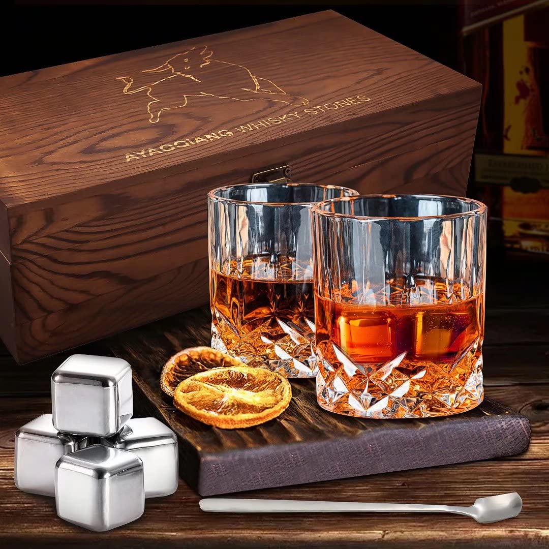 Whiskey Stones Gift Set - 6 Stainless Steel Whiskey Ice Cubes Reusable - Whiskey Rocks Cooling Stones, Special Gifts for Men - Whiskey Chillstone for Whiskey, Vodka, Gin, Wine & More.