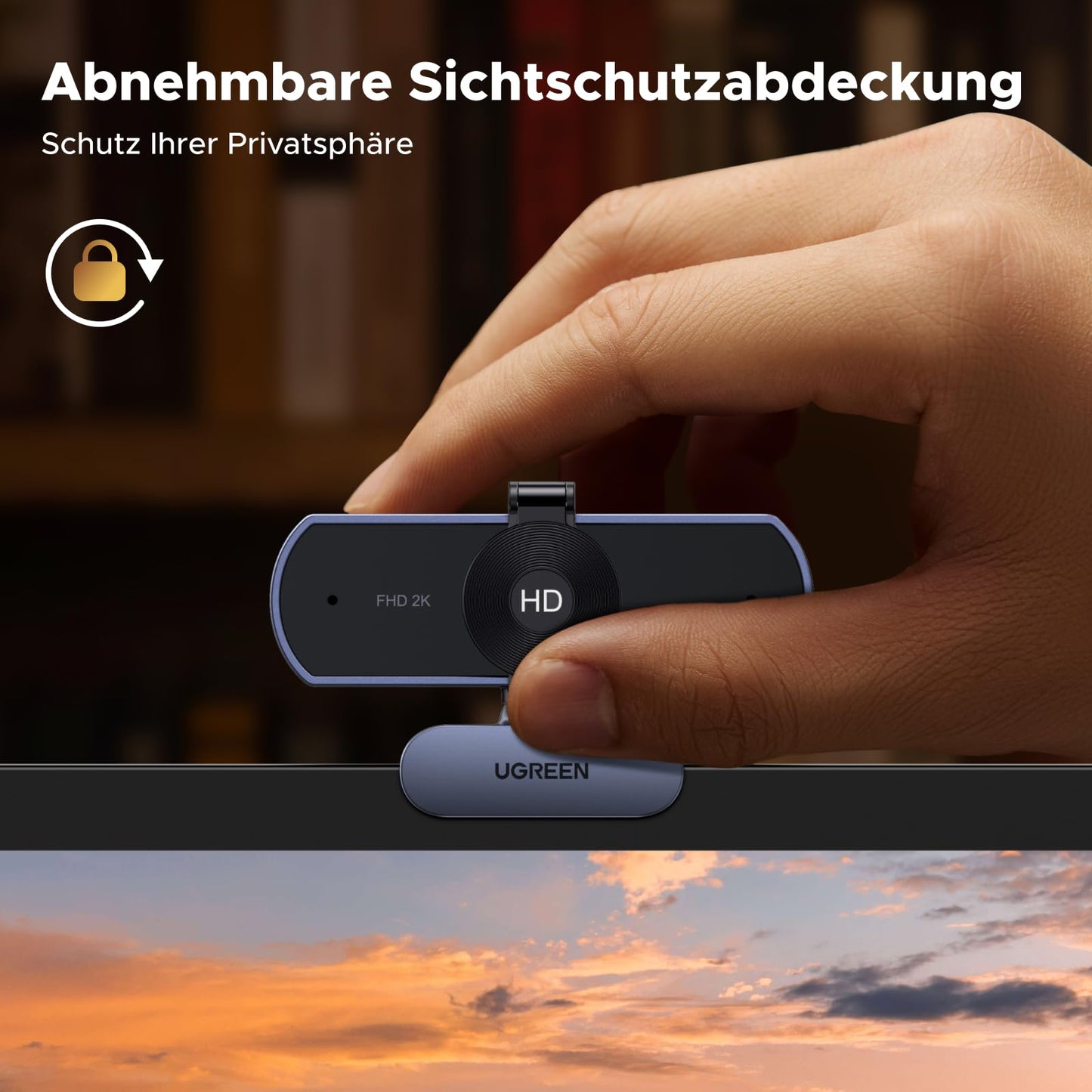 UGREEN Webcam 2K, USB A webcam with microphone, PC camera, fixed focus, 80° field of view, camera with privacy cover, automatic light correction, stereo sound, plug & play, PC camera for Windows/MacOS/Zoom/Skype.