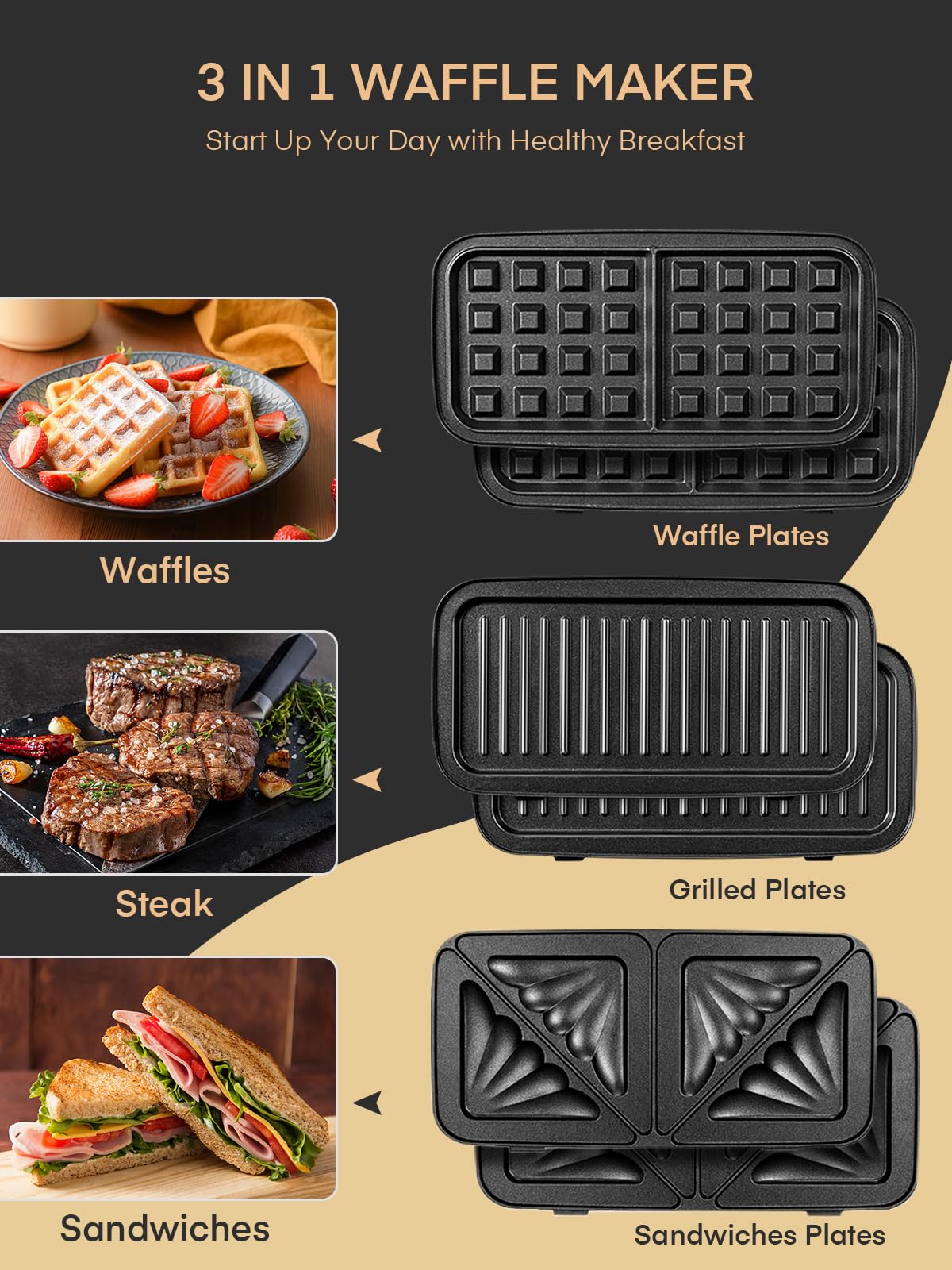 1200W 3 IN 1 Sandwich Maker, 5-level temperature control waffle maker sandwich toaster contact grill with non-stick coating for easy cleaning without burnt-on food, LED lights, stainless steel/black