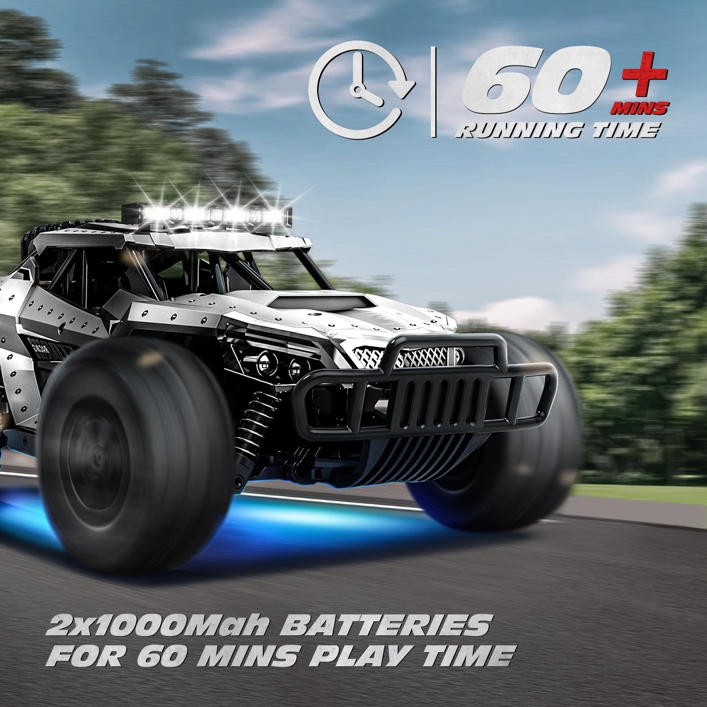 Tecnock Remote Control Car 1:16 with headlights and chassis lights, All Terrain Off Road RC Monster Truck 2.4GHz Toy, 2 batteries for 60 min runtime - Gift for adults and kids.