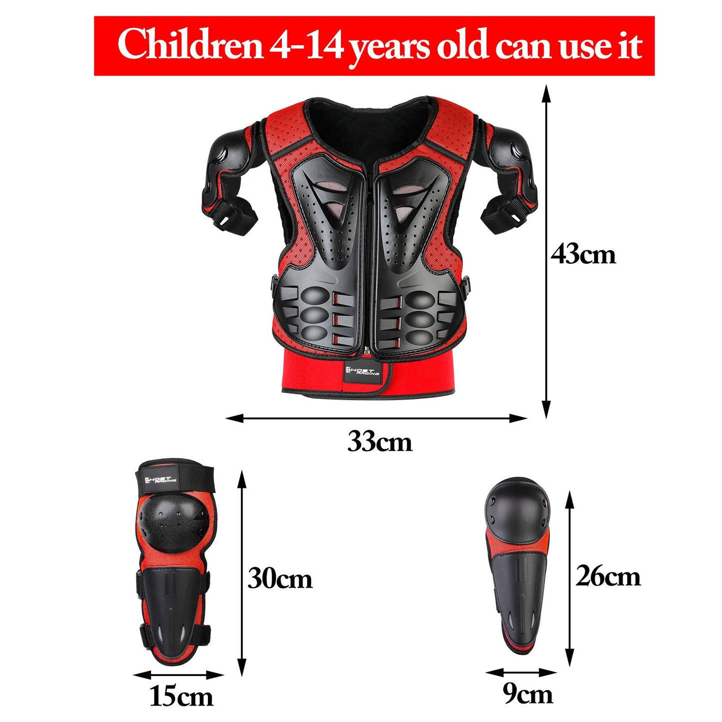 JUSTDOLIFE Motorcycle Protective Jacket, Kids Motorcycle Armor with Knee Pads Elbow Pads Chest Protector Racing for Outdoor Sports - 4/6/8/10/12/14 Years (Red)