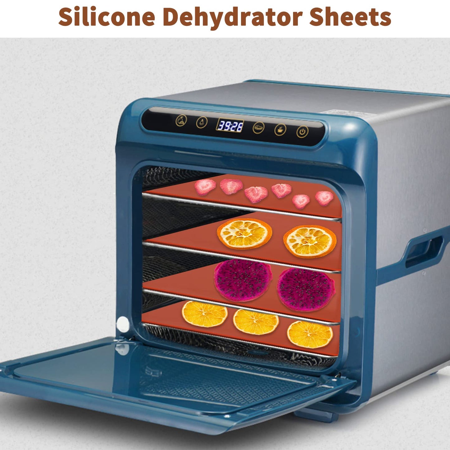 4 Pcs Silicone Dehydrator Sheets Non-Stick Drying Mat for Dehydrator with Scraper, Reusable Food Fruit Dehydrator Liners for Fruit Leather Baking Mat for Fruit Dryer, BPA Free