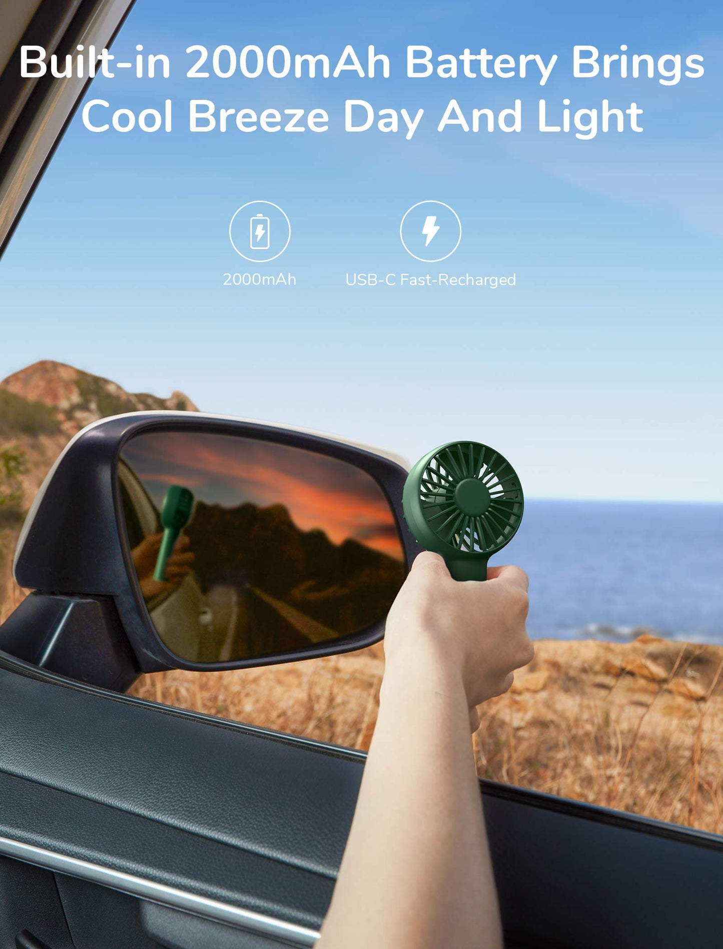 JISULIFE Mini Fan Battery Operated Handheld Fan with 2000mAh Battery or USB Powered, 3 Speeds, Rechargeable, for Home, Outdoor - Dark Green