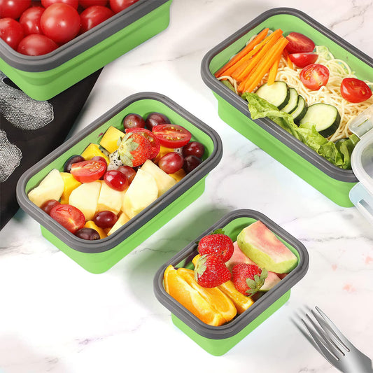 Collapsible silicone storage container with lid, portable bento box for space-saving, microwave-safe, 4-piece set, green.