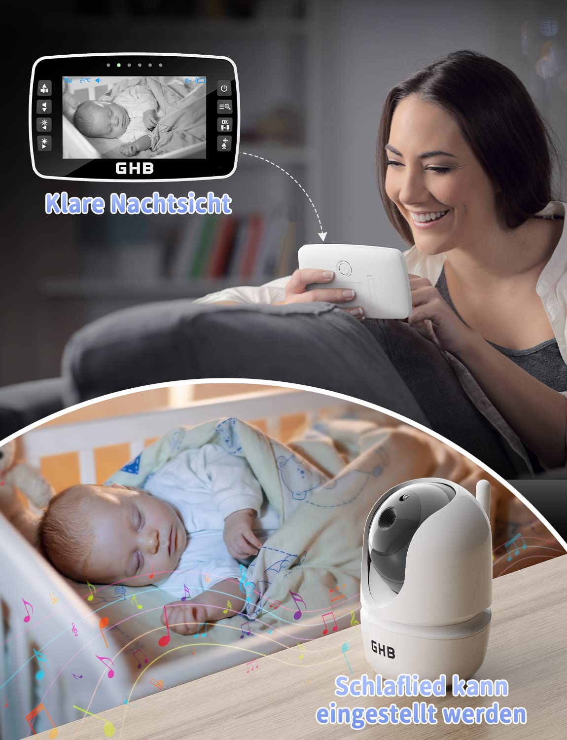GHB Baby Monitor with Camera 4.3 Inch Baby Monitor 350° Rotation Night Vision Video Camera with 2 Cameras ECO Mode Baby Camera LCD Screen, 720p