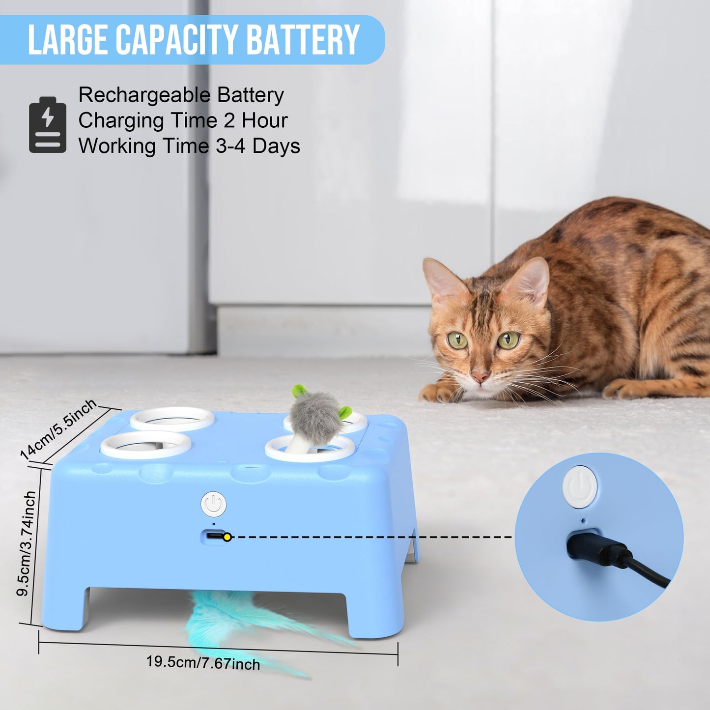 IOKHEIRA Interactive Cat Toy, 2-in-1 Automatic Cat Toy, 4-Hole Mouse-Whack-a-Mole Cat Mouse Toy with Moving Feather, USB Rechargeable Kitten Toy.