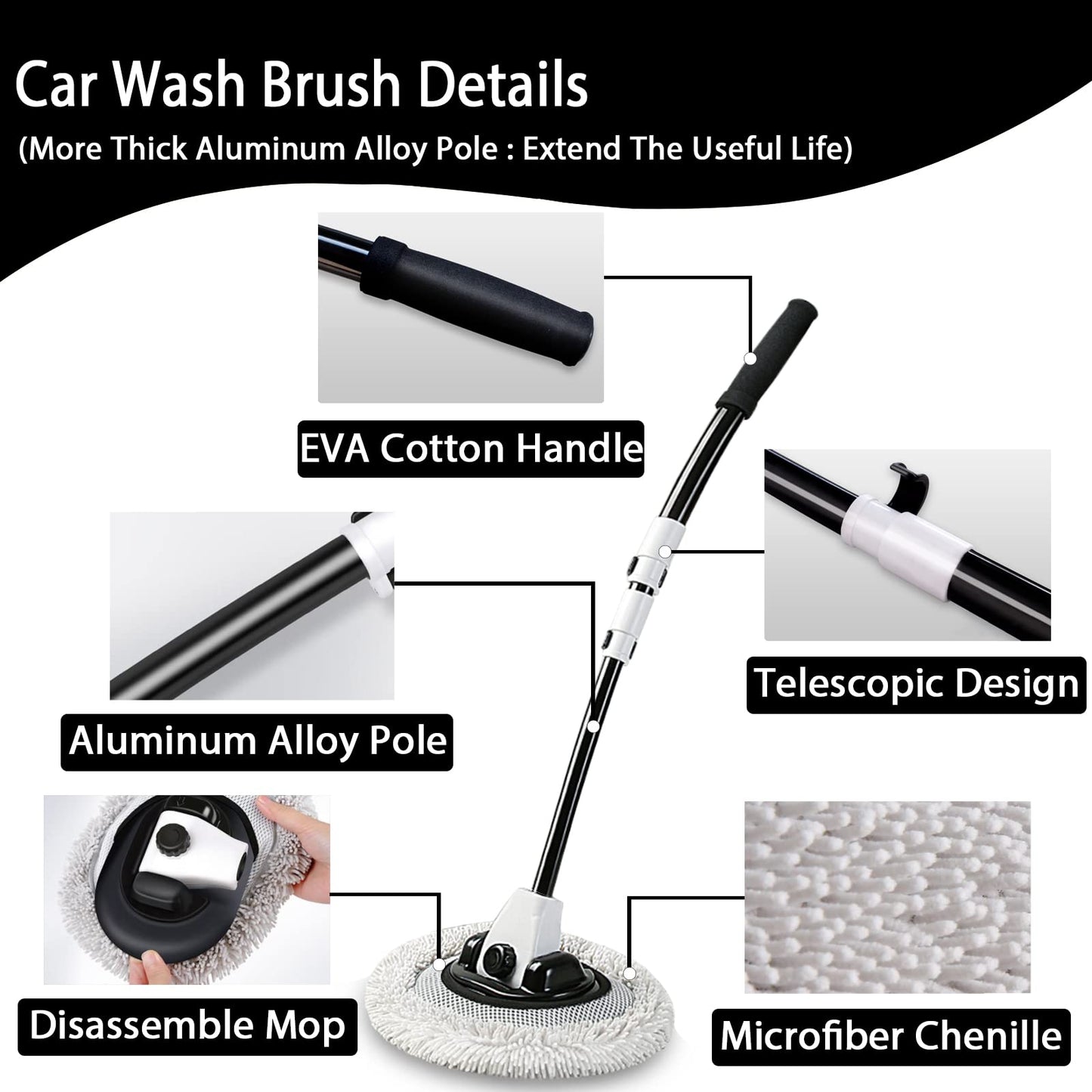 15° Angle Car Wash Brush With Long Handle Telescopic Pole 43" Aluminum Auto Brushes Soft Car Wash Mop Scratch Cleaning Brushes For Truck SUV RV Brush, Wash Brush Motorhome Microfiber Mop