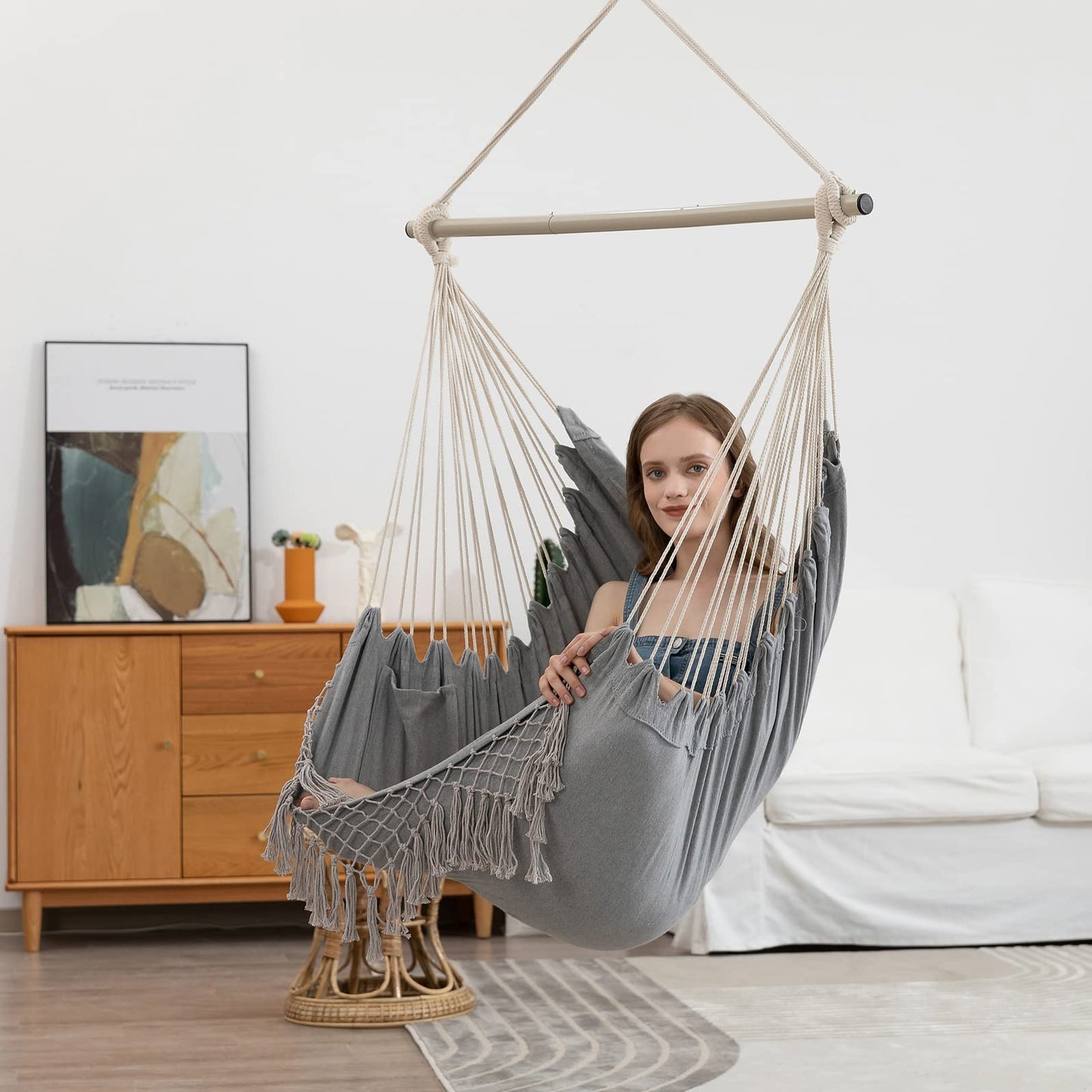 Hammock Chair Large hammock swing, 110 x 150cm Holds up to 150kg, Cotton hanging chair Hardwood spreader bar Wide seat swing chair