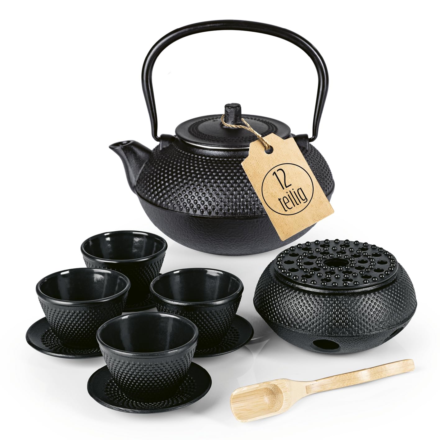 Lumaland 12-piece tea set | 1.4 liter cast iron teapot Tetsubin | cast iron warmer | 4 tea cups & 4 coasters | Japanese tea set includes bamboo measuring spoon & stainless steel sieve