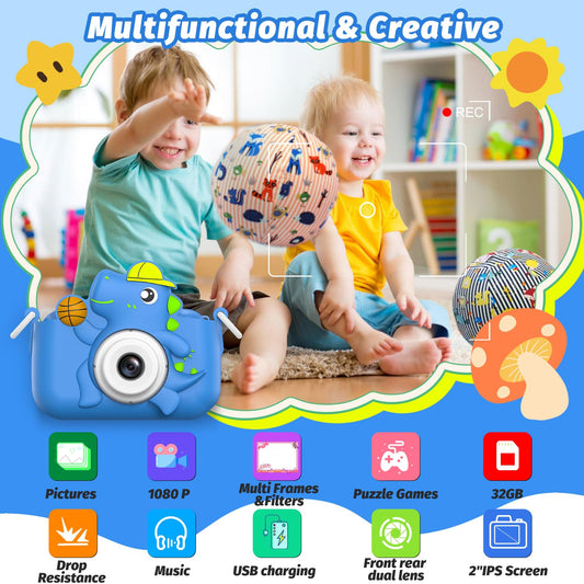 Children's camera, masterbee digital camera dinosaur toy, Christmas/birthday gifts for kids, 1080P HD kids camera, children's toy/gift boy/girl gifts 3-12 years old Blue