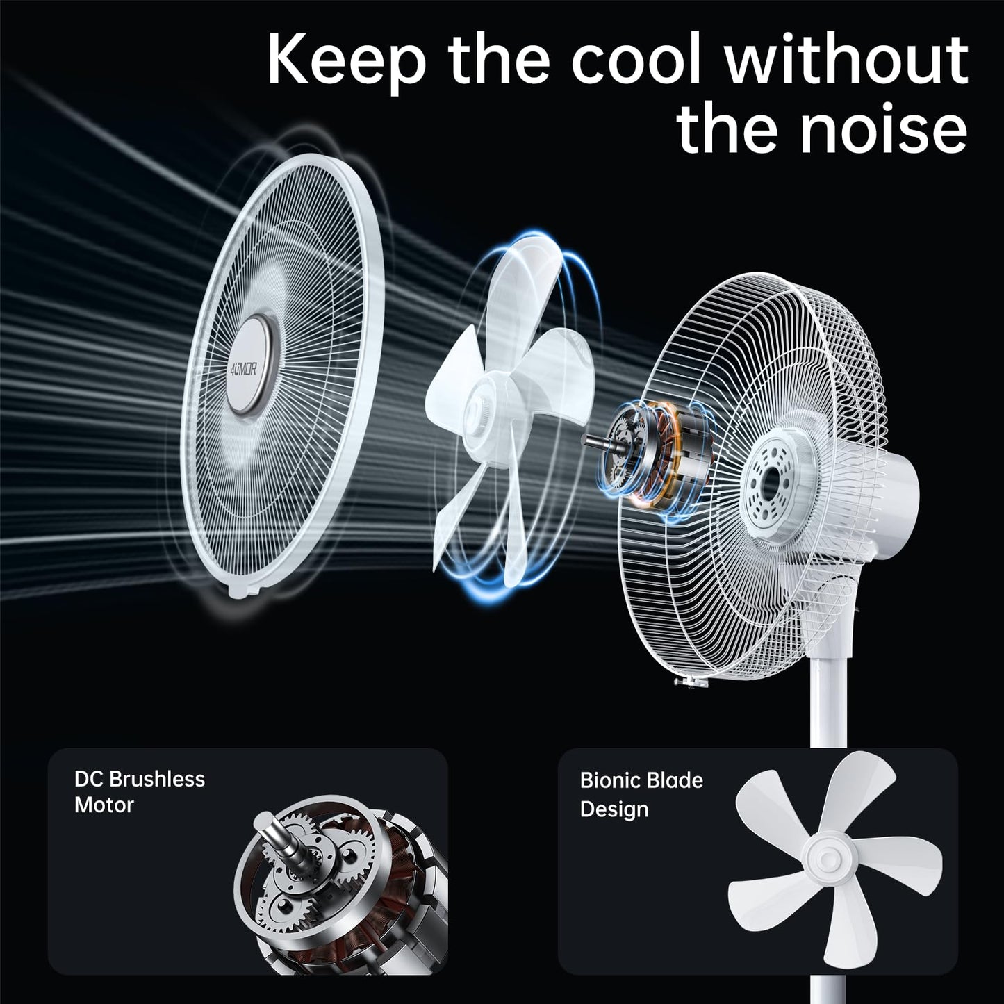 4UMOR Stand Fan quiet 24W 20dB DC Motor 9 Speeds 90° Oscillation adjustable Fan with remote control 9H Timer 41cm Diameter Fan quiet 80% Energy Saving