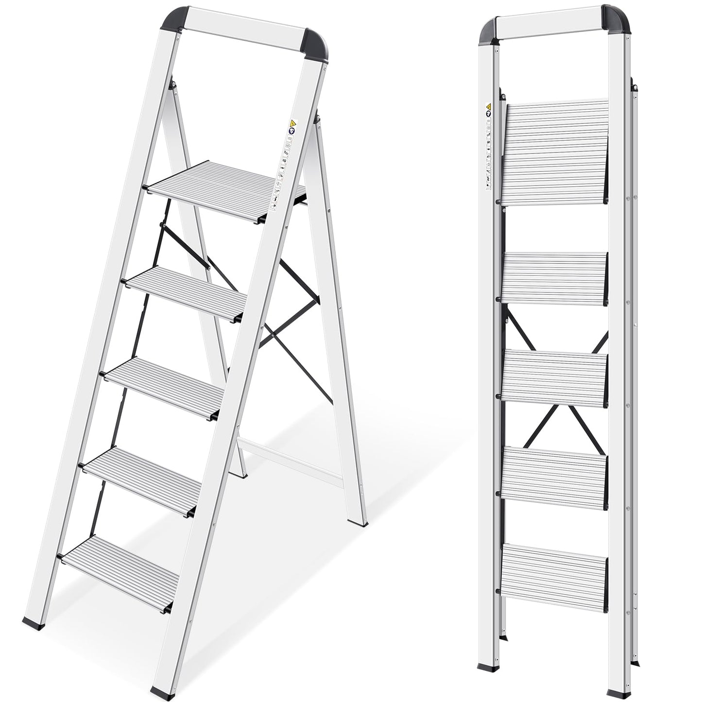 KINGRACK Folding Step Ladder, 5 Steps, with Handrail, Non-Slip Household Ladder, Locking Mechanism, Aluminum Step Stool, Max Load 150 kg.