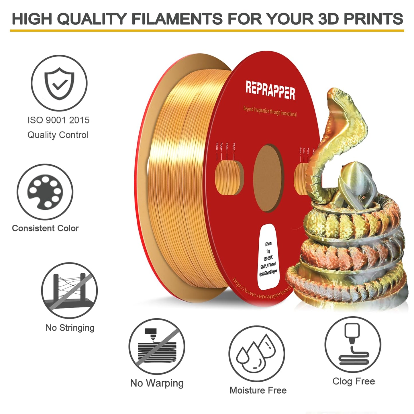 Reprapper Tri-color Silk PLA Filament 1.75mm - 1KG Silk-Look 3D Printer Filament, Shiny PLA Rainbow Swirl in Gold, Silver & Copper, Dimensional Accuracy ±0.03mm, No Tangling