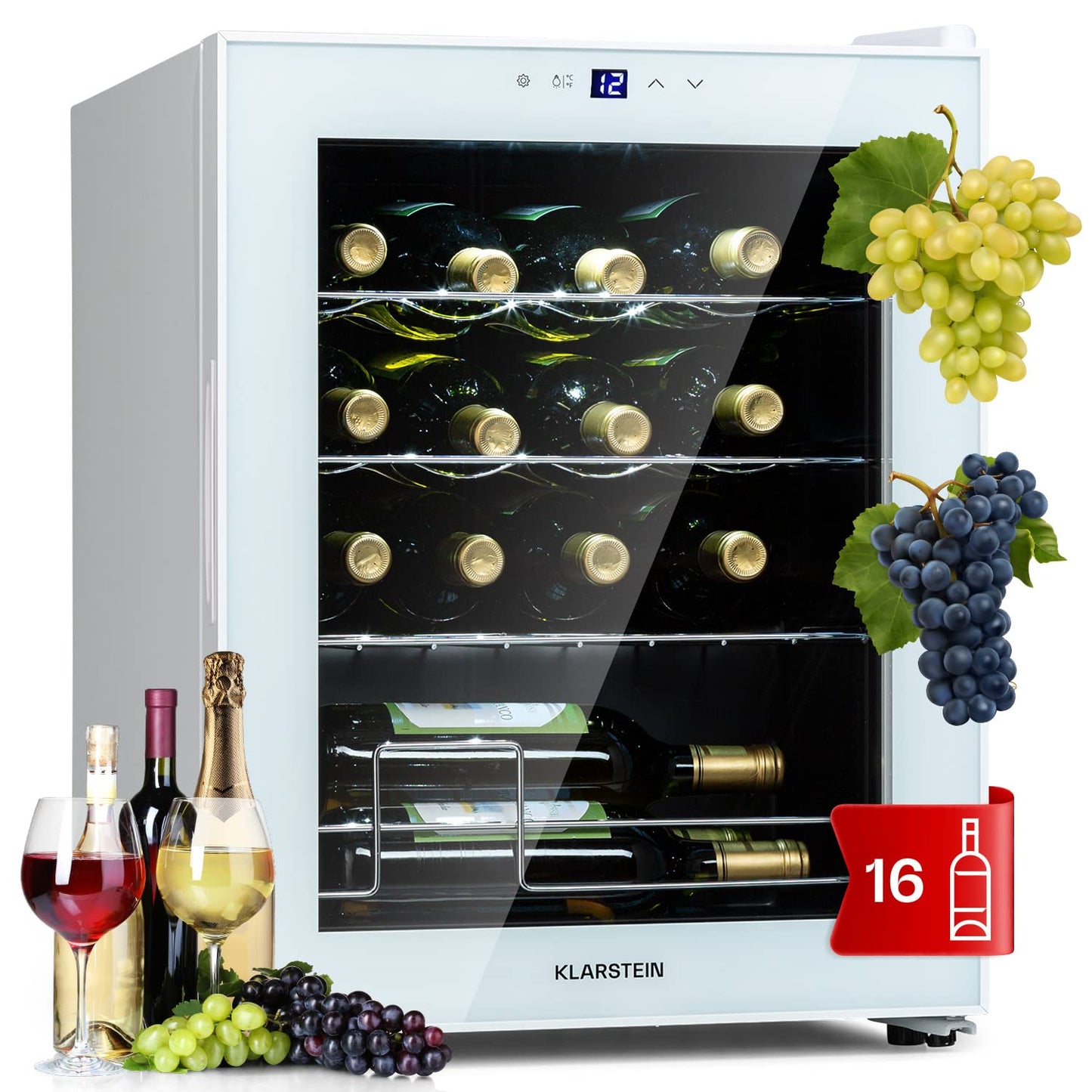 Klarstein Shiraz wine cooler freestanding, small beverage cooler for wine, prosecco & beer, 1-zone wine cooler with glass door & touch control panel, compact fridge, 5-18°C, 16 bottles