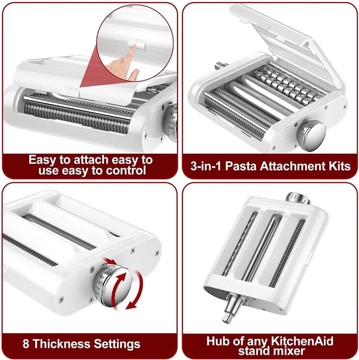 Pasta attachment for KitchenAid stand mixers. 3-in-1 set includes pasta roller, spaghetti cutter, and fettuccine cutter. Perfect accessory for making homemade pasta.