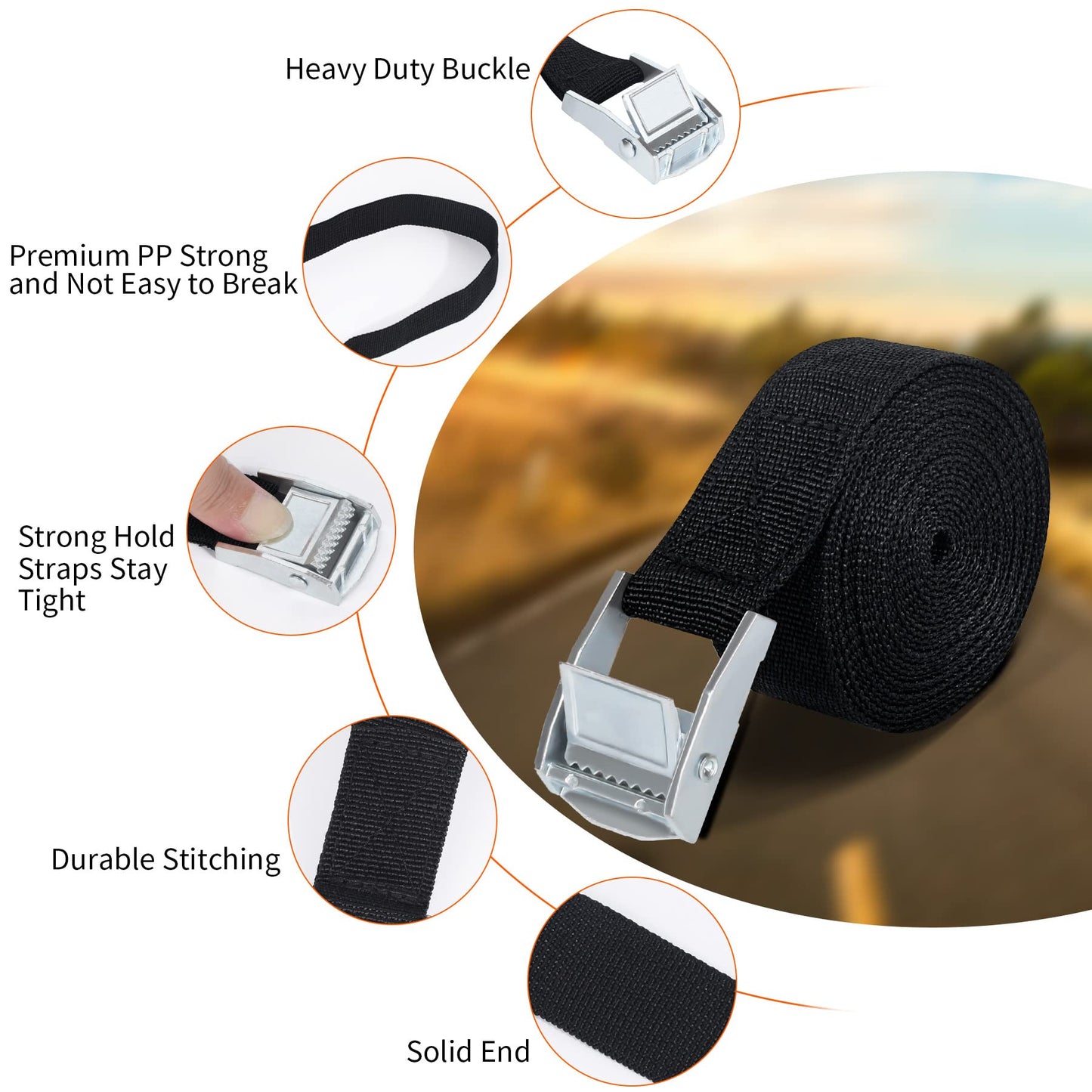 Ratchet tie-down straps, 2M, 5M, and 10M luggage carrier strap, Black fastening strap, Adjustable webbing straps with cam buckle for car, bicycle, hand truck, motorcycle, luggage, camping