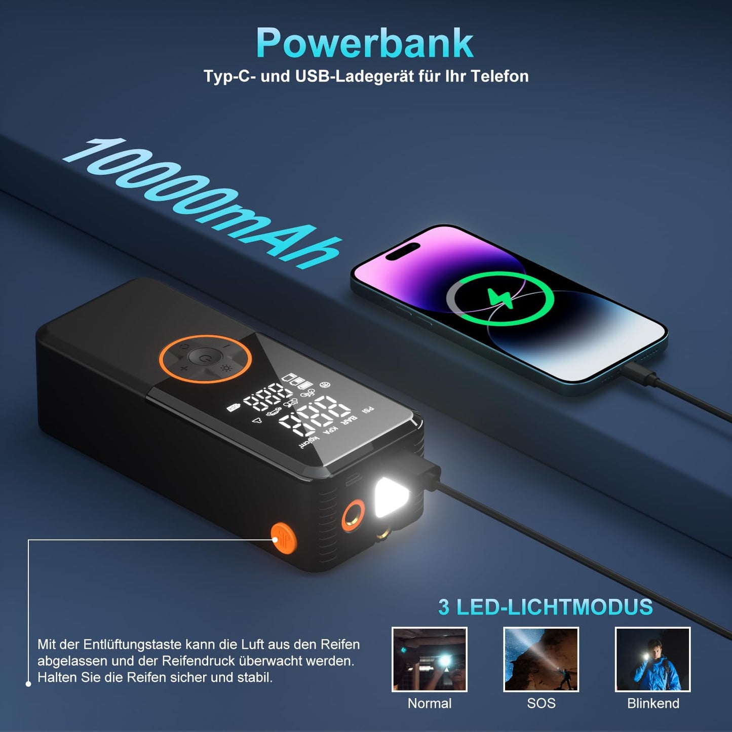 Electric air pump, electric pump with 10000mAh battery, 150PSI portable mini compressor with pressure gauge, electric bike pump with digital LCD screen for bikes, motorcycles, cars & balls.