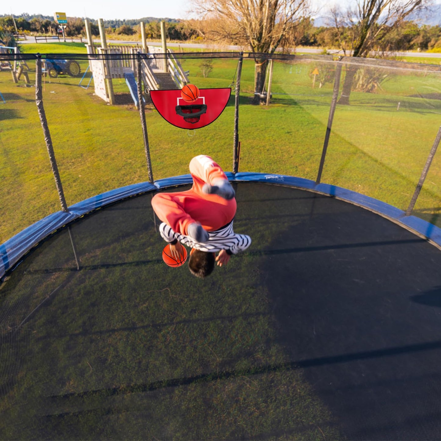 Trampoline basketball hoop, tearaway rim for dunking Trampoline basketball attachment with mini basketballs Trampoline accessory for kids, adults for indoor and outdoor use (Red)