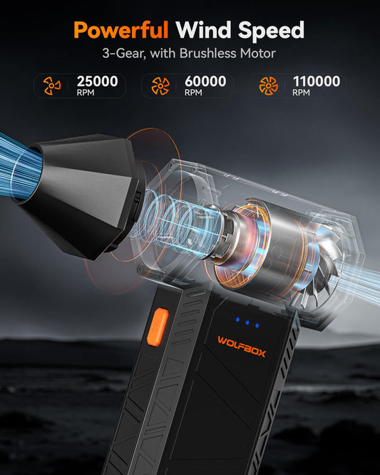 WOLFBOX MF50 Electric Air Duster - 110000RPM Super Power Cordless Air Duster, 3-Speed Adjustable Mini Blower with Battery, Dust Blower for Computer, Keyboard, Home, Outdoor, and Car.