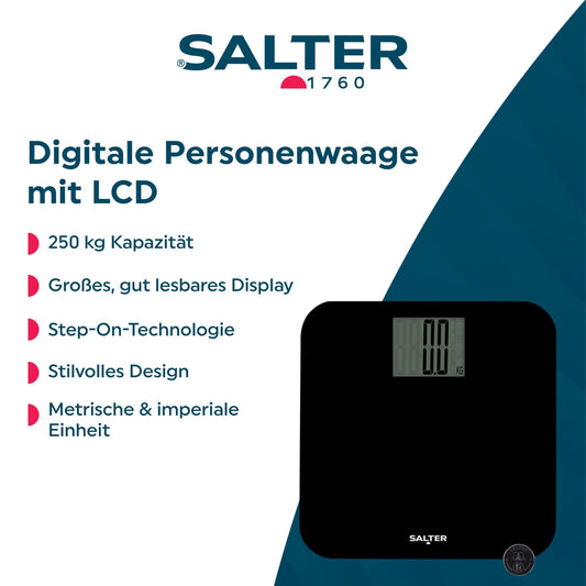 Salter 9049 BK3R Digital Bathroom Scale - Electronic Body Weight Scale, 250kg Capacity, Personal Scale with Large Platform, Instant Read Step-On Technology, Accurate Weight in kg, st, lbs.