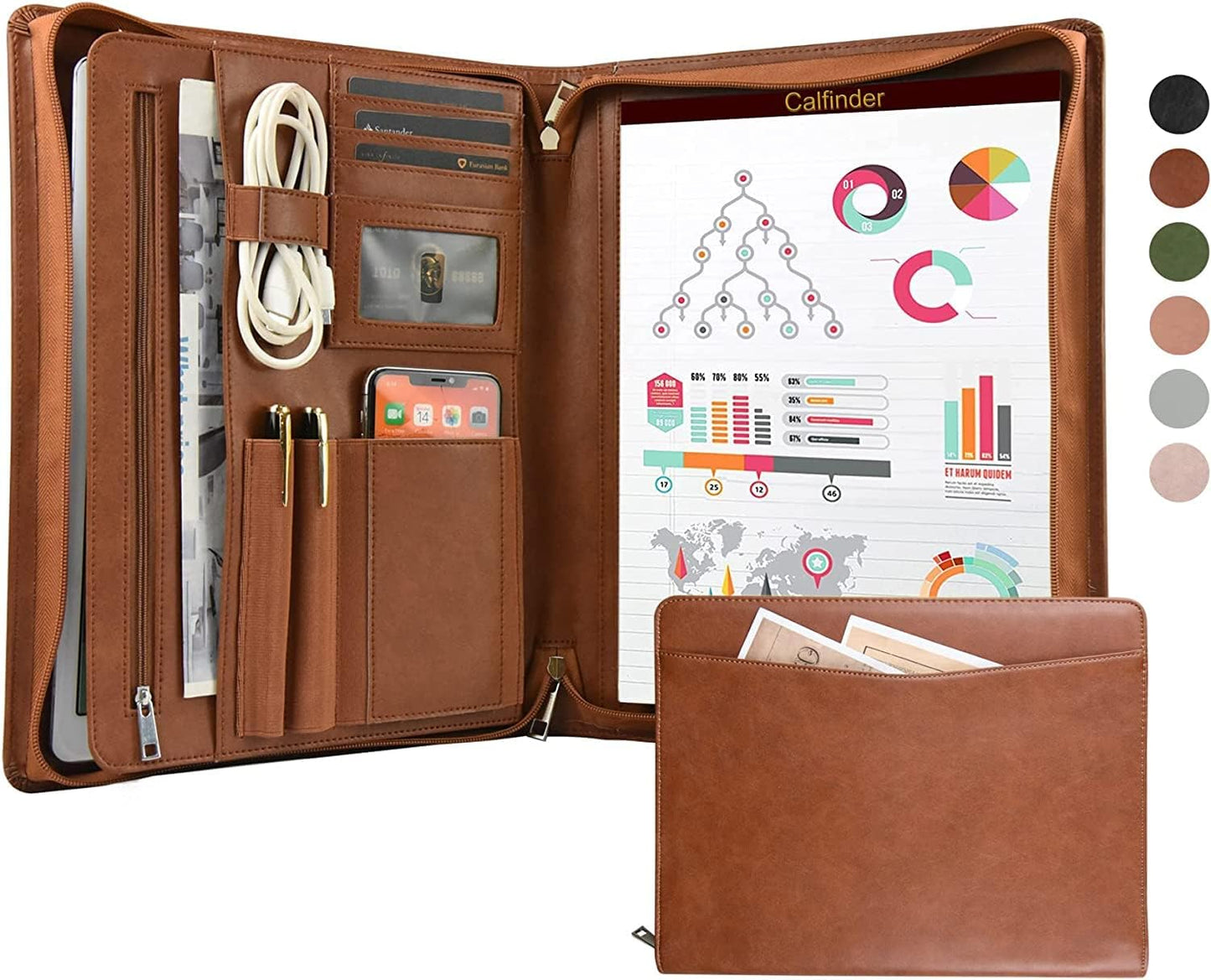 Calfinder A4 Leather Conference Folder, Notepad with A4 Clipboard/Zipper, Vegan Leather File Folder Document Case, Office Organizer, Gift for Women/Men, Brown