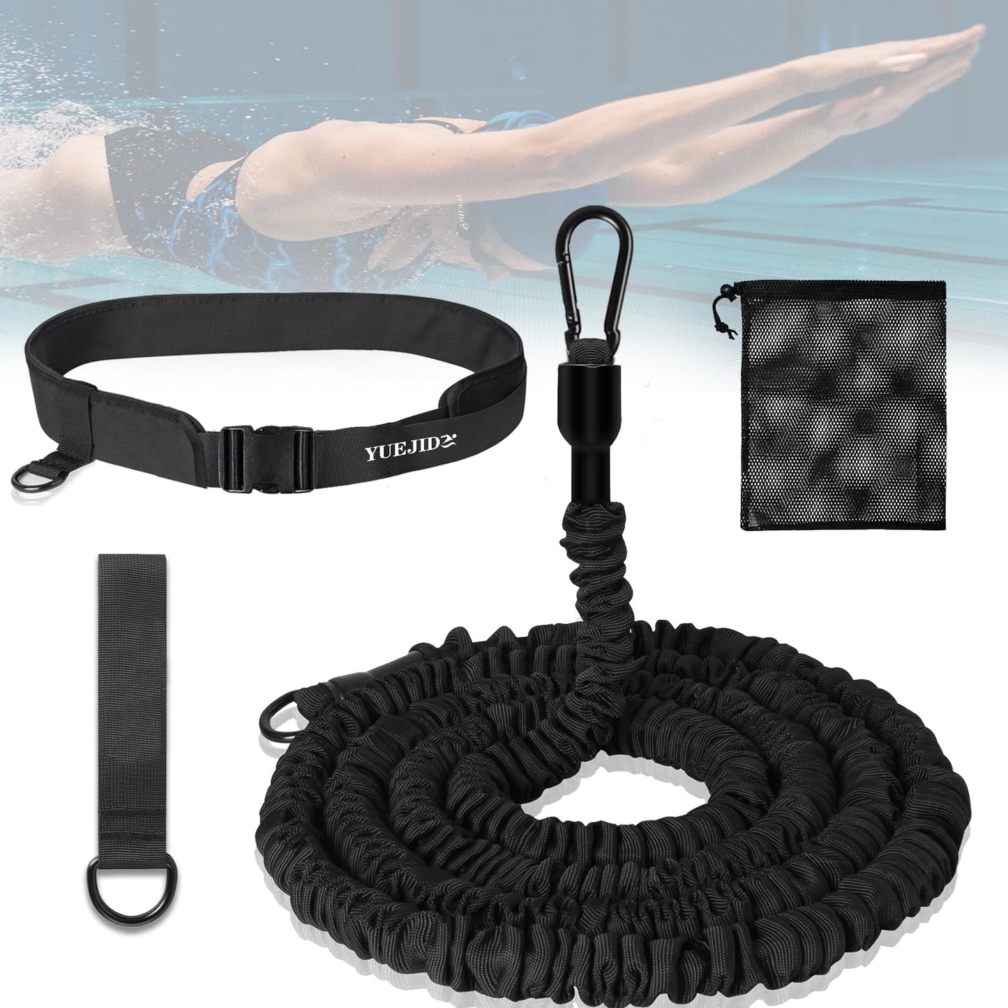 Pool swimming belt for kids and adults, 4-7.5M swim trainer swim cord with adjustable swim resistance belt, increases strength and endurance, perfect alternative to a counter-current system.