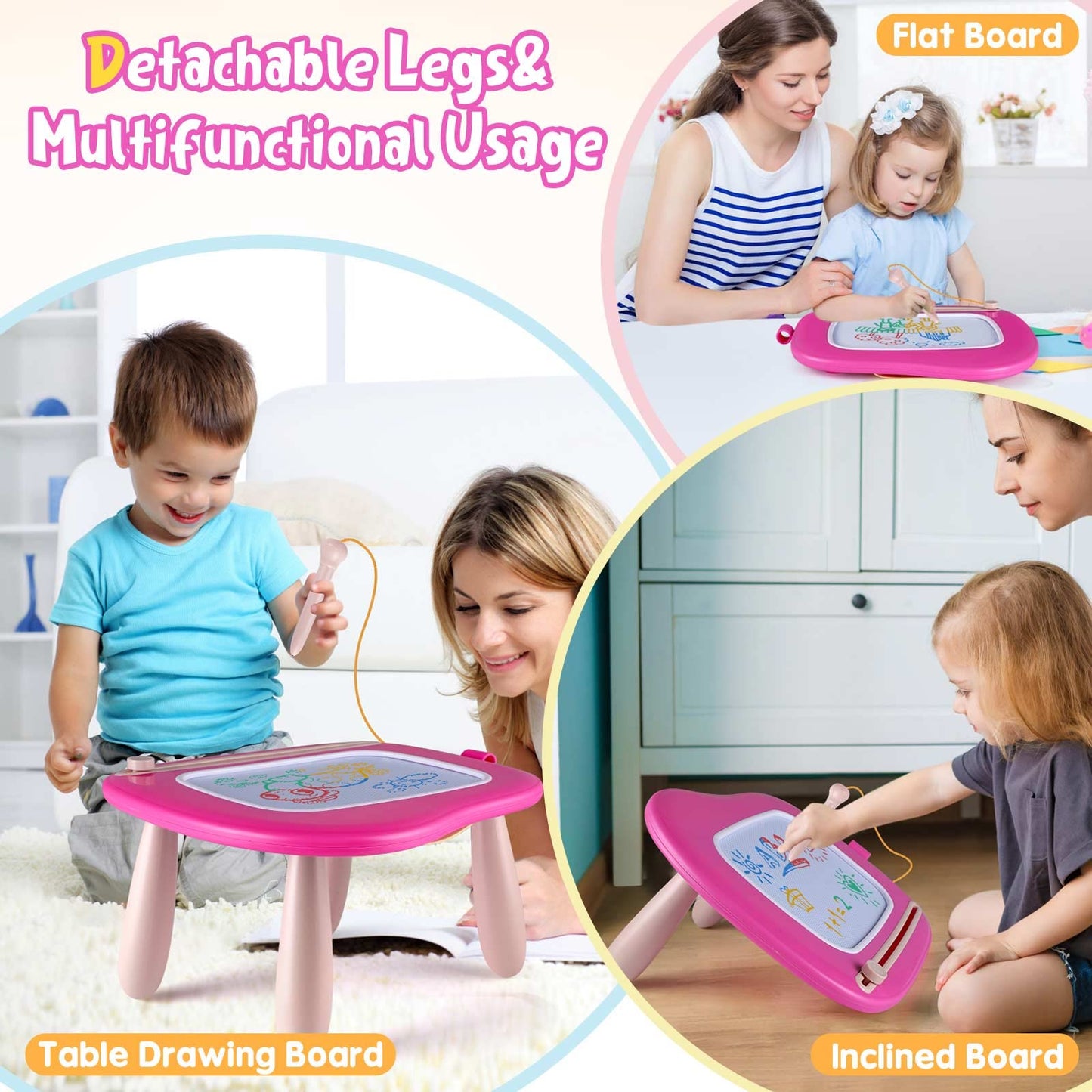 Smashagon children's toy for ages 1 and up, Magnetic drawing board Colorful doodle board with 4 legs for kids Gift for 1 2 3 years old Girl Boy Toy (Rose)