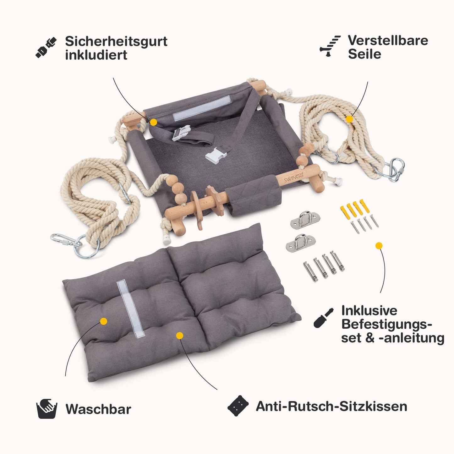 SWINGG® Baby Swing Indoor Outdoor - Comfortable baby swing with safety belt | sturdy mounting set & anti-slip seat cushion | Door frame swing made of wood & cotton, certified for EU.