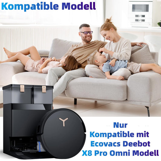 Bluearks 19 piece accessory set for Ecovacs Deebot X8 Pro Omni/X8 Omni robotic vacuum, including 1 main brush, 1 scrubbing brush, 4 filters, 6 side brushes, and 6 dust bags. X8 Pro Omni replacement parts accessory set.