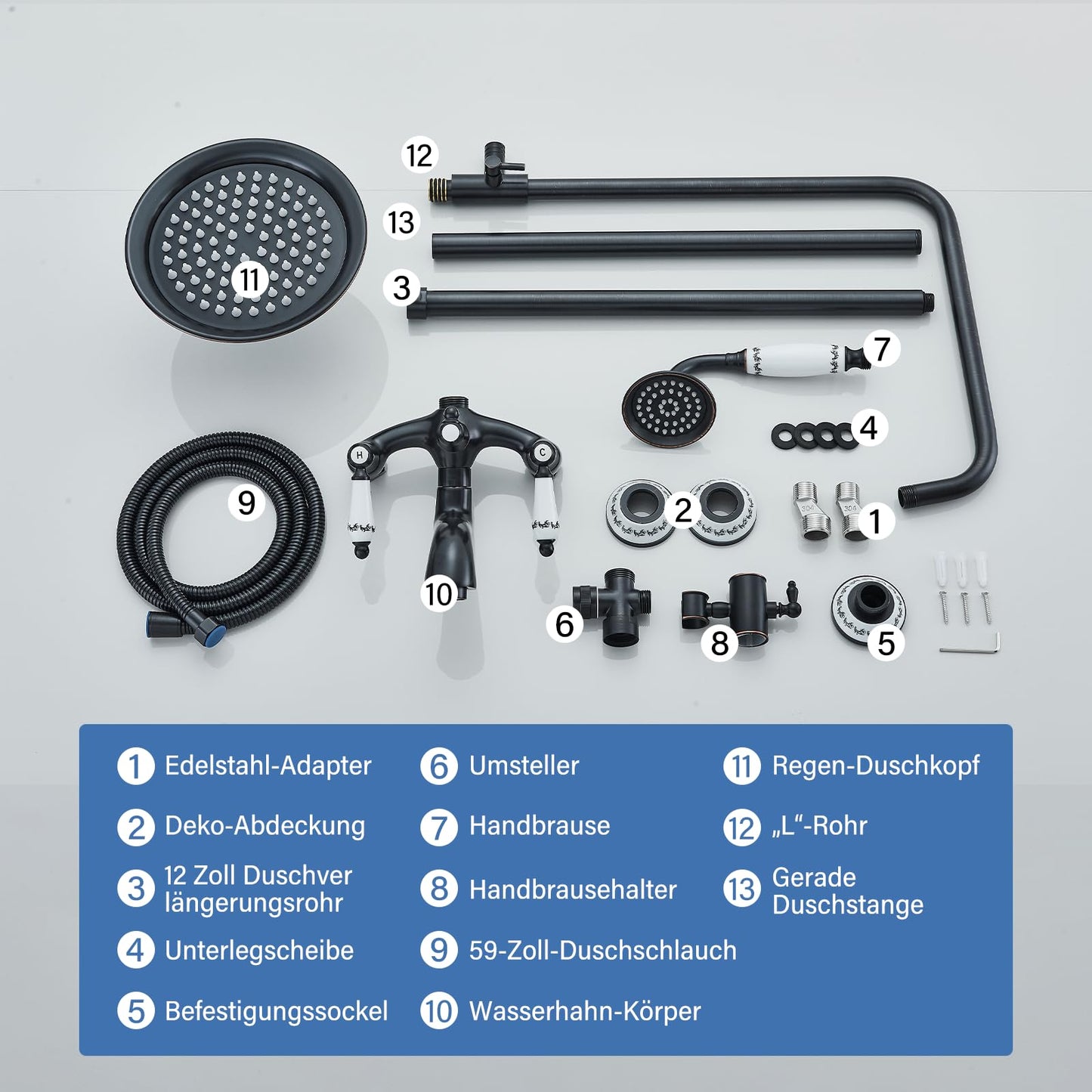 Suguword Black Shower Faucet Set Shower System Rain Shower Set with Shower Head Shower Column Rainfall Hand Shower Bar Blue and White Porcelain Complete Set Shower Faucet Anti-Liming