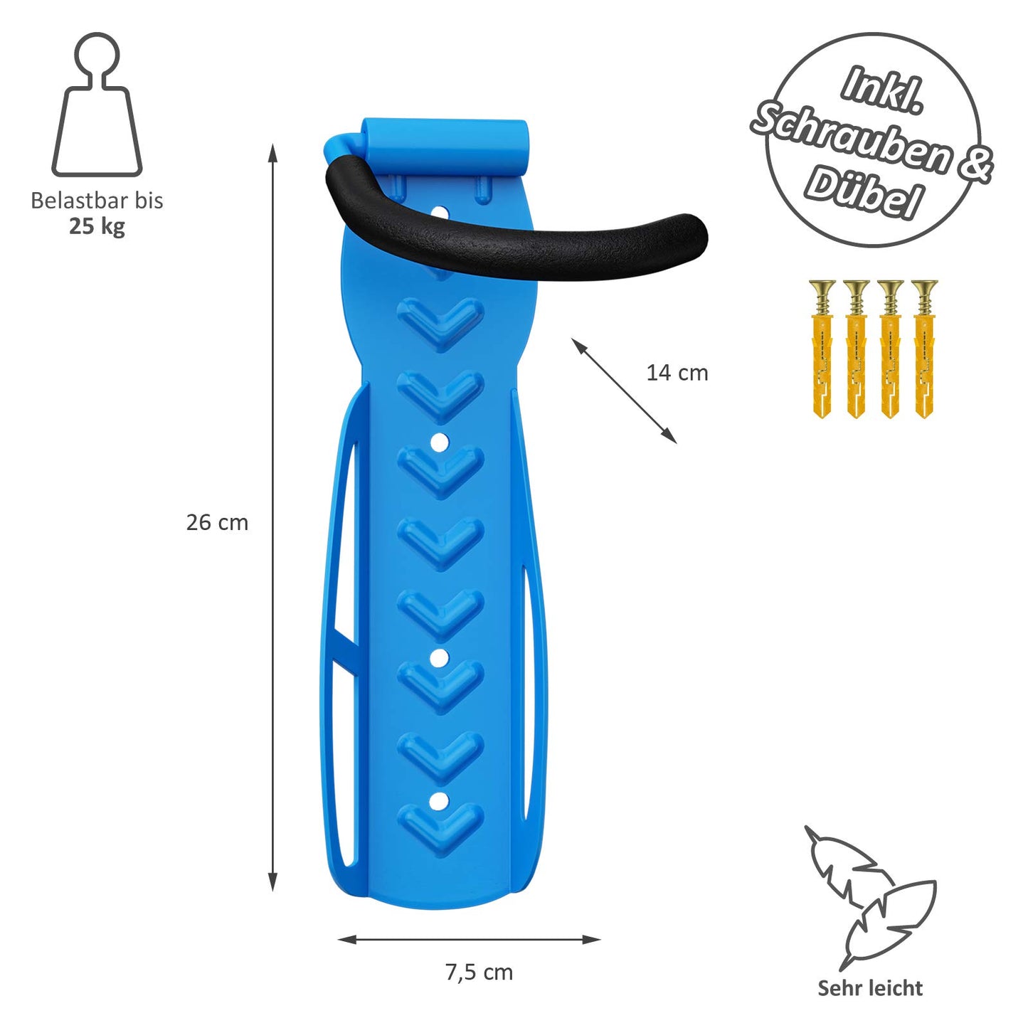 4 x WELLGRO Wall Bike Holder - Steel Bike Wall Mount - Bike Hooks - Bike Stand - Rack - Color selectable, Color: Blue