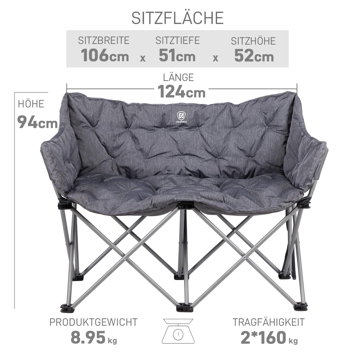 EVER ADVANCED Folding Camping Chair for 2 People, Foldable Sofa with 320KG Capacity, Luxury XXL 2-Seater Folding Chair, Thickly Padded Camping Couch with High Backrest, Extra Long for Outdoor Garden Balcony Indoor