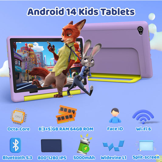 HotLight Android 14 Tablet 10 inch Kids Tablet Octa Core with OTG Transfer and Wi-Fi 6G Widevine L1 8GB+64GB+1TB TF Type C Headphone Jack Face Recognition Purple