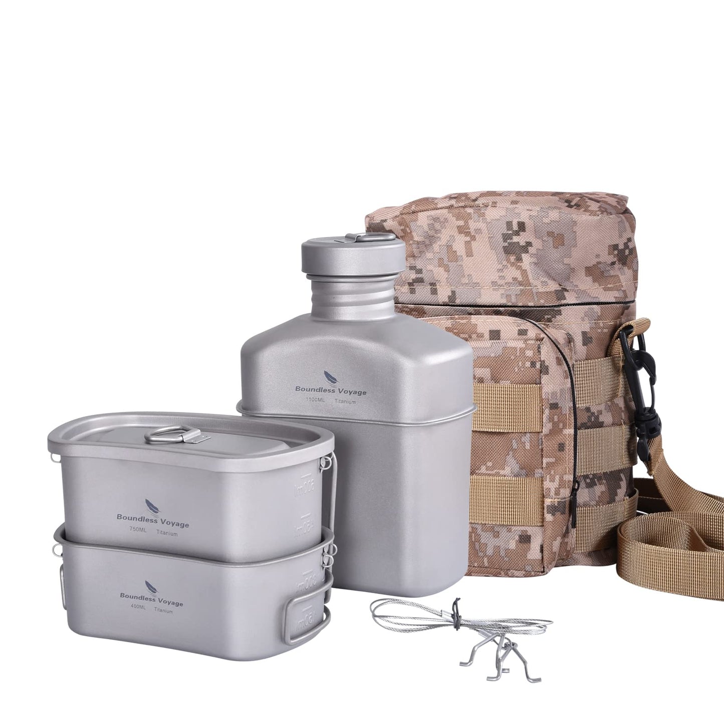 iBasingo Titan Field Bottle Set - Lightest Military Cookware 1100ml water bottle, 750ml & 400ml pot with lid, hanging steel wire & camouflage pouch. Cookware for outdoor camping hiking Ti2049C