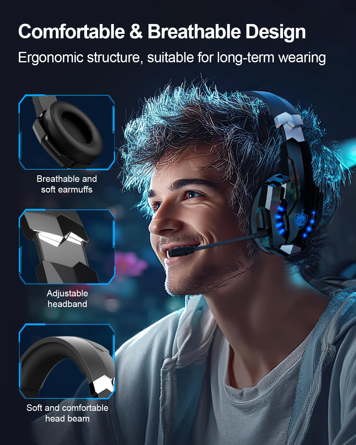 PHOINIKAS PS5 Wireless Headset, 2.4G Gaming Headphones for PC PS4 Switch Mac, Foldable Surround Sound Noise Cancelling Gamer Headset with microphone, Over 50 hours of battery life (Blue)