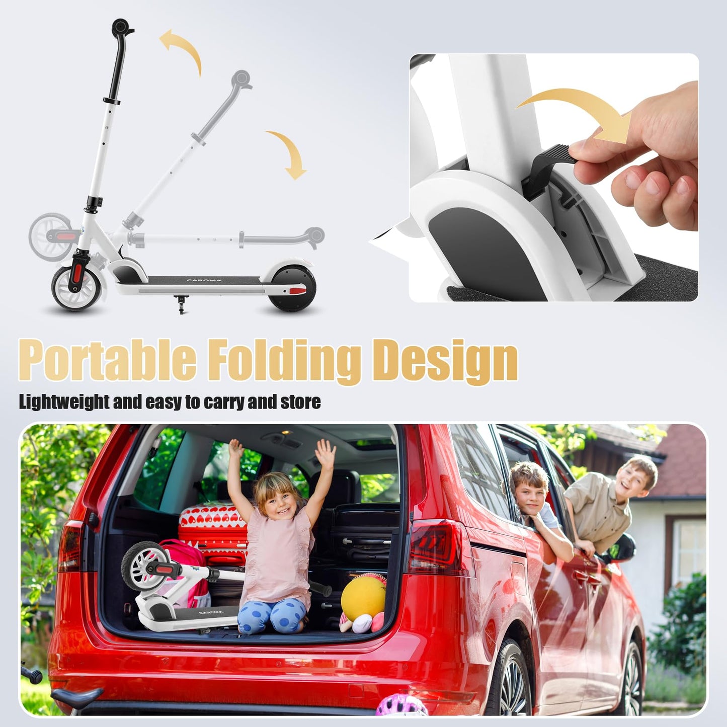 Caroma electric scooter for kids aged 6-14, 180W motor, 16 km/h, 60 min ride time, Adjustable speed & height, Colorful lights, LED display, Foldable kids electric scooter.