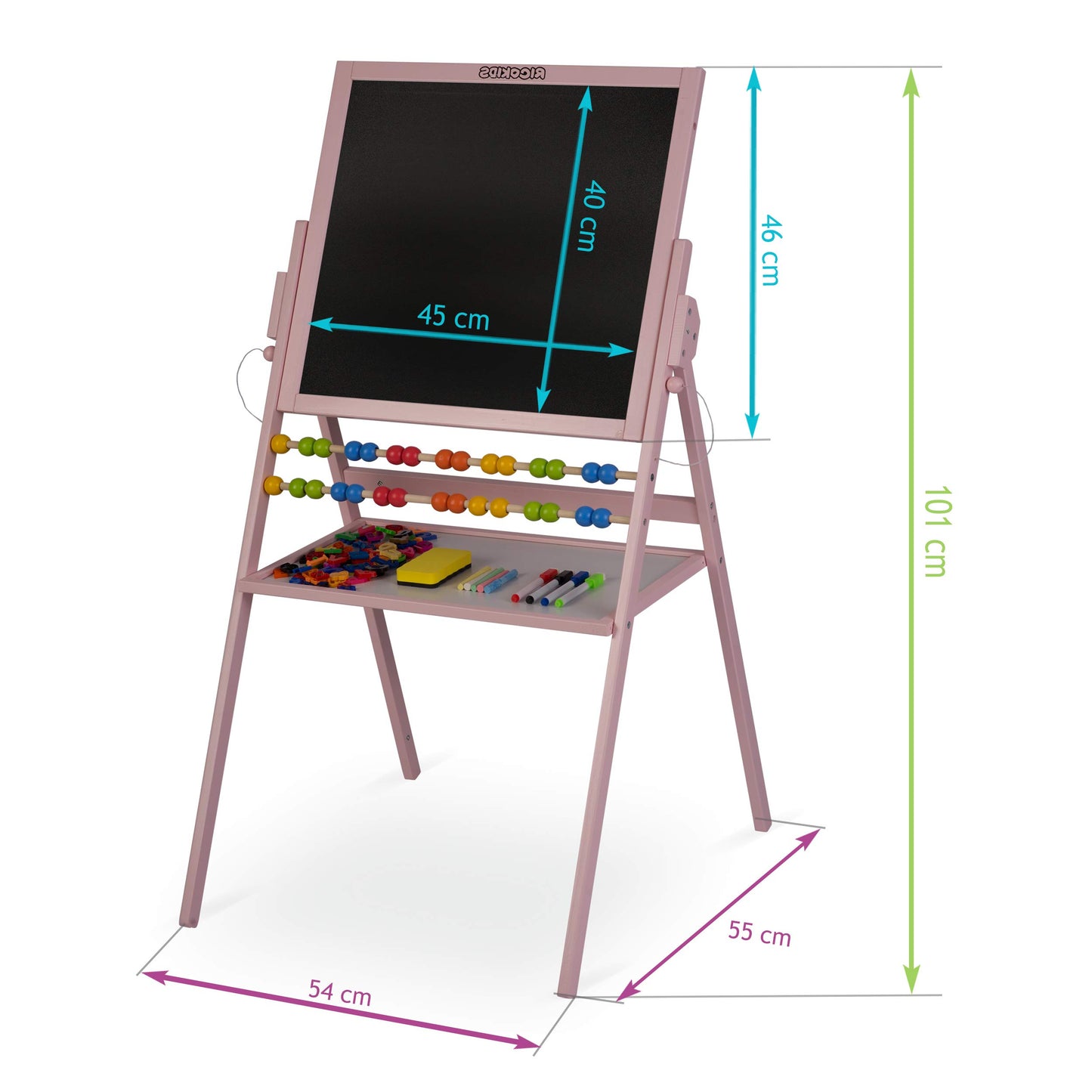 Children's magnetic whiteboard and chalkboard with wooden easel, Ricokids (pink)