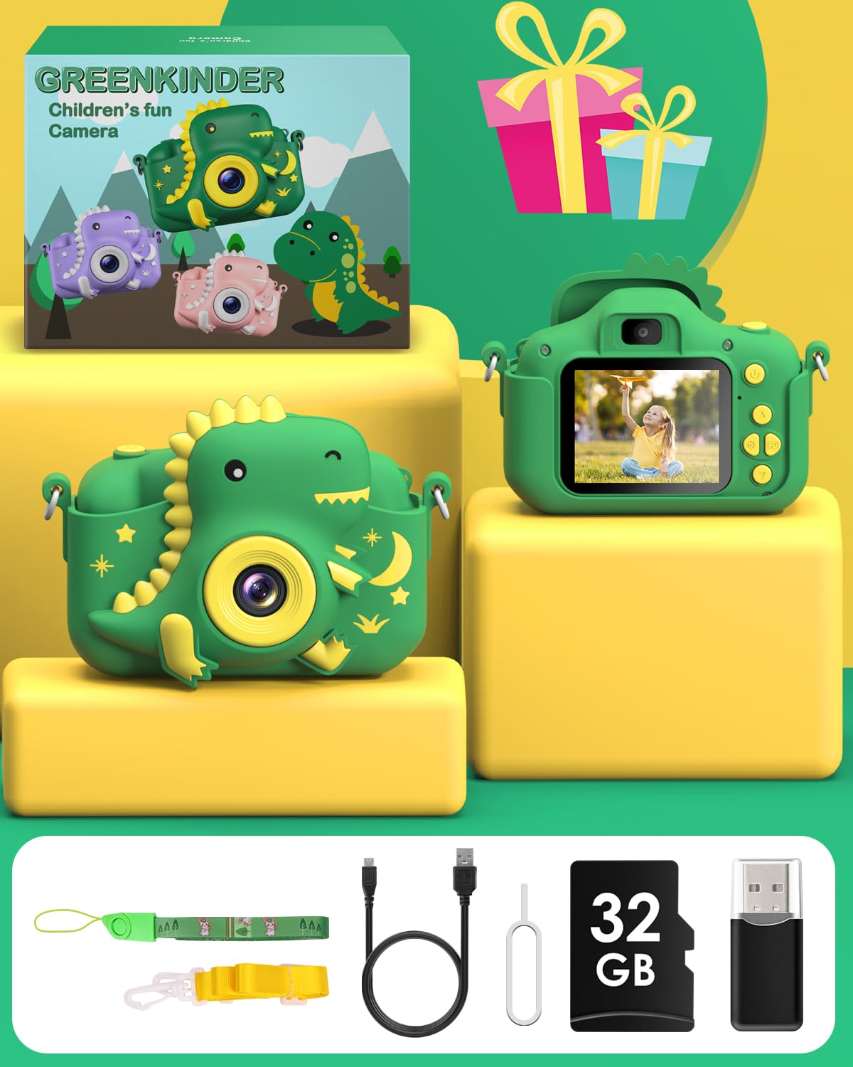 GREENKINDER Kids Camera, 2.0" Screen Children's Camera with 32GB Card, 20MP & 1080P HD Selfie Digital Camera for Kids, Dinosaur Gifts for 3-12 Year Old Boys and Girls