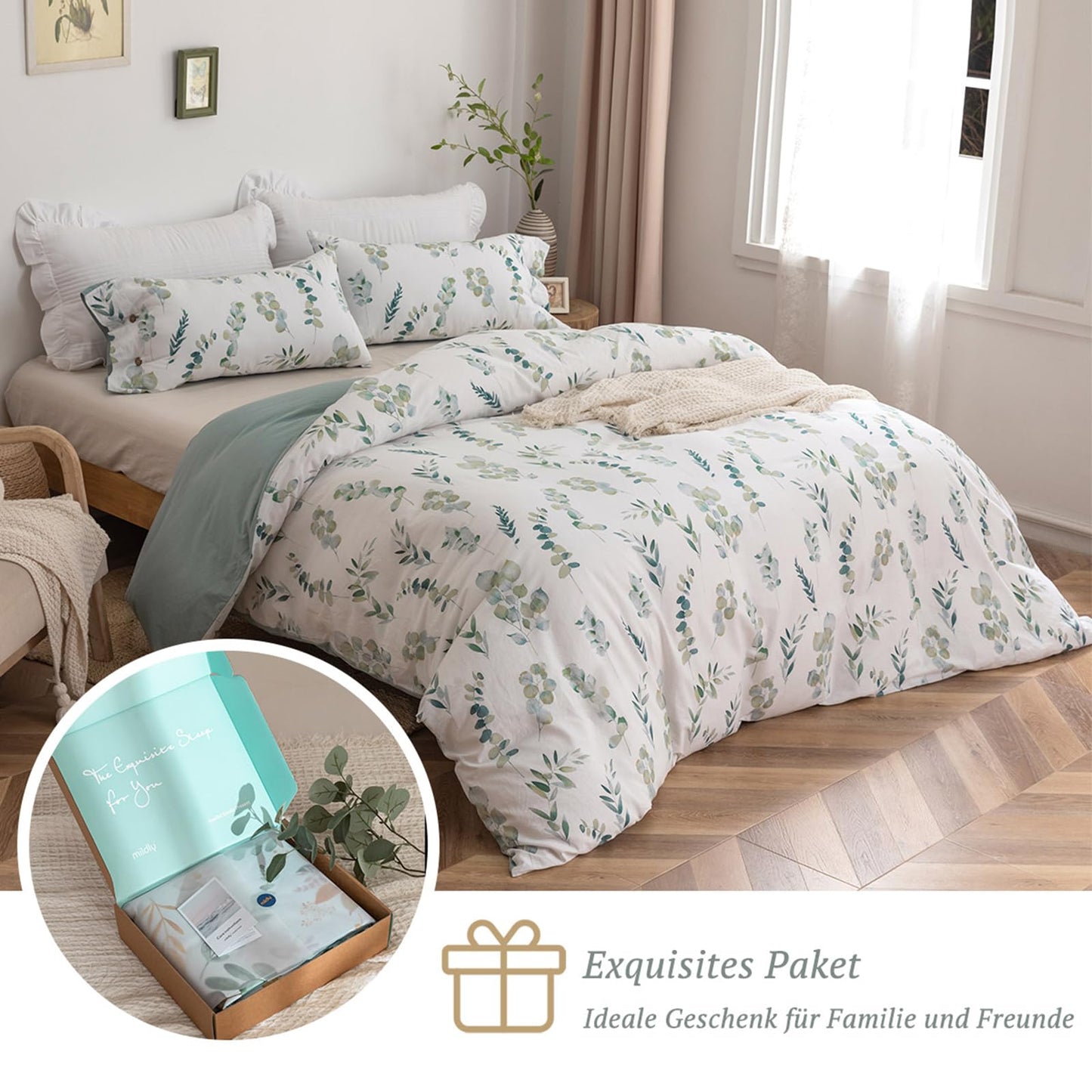 MILDLY bedding 200x200 cotton, bedding sets with plant pattern, zipper, ÖkoTex certified, includes 1 duvet cover 200x200 and 2 pillowcases 80x80, green (Katharina)