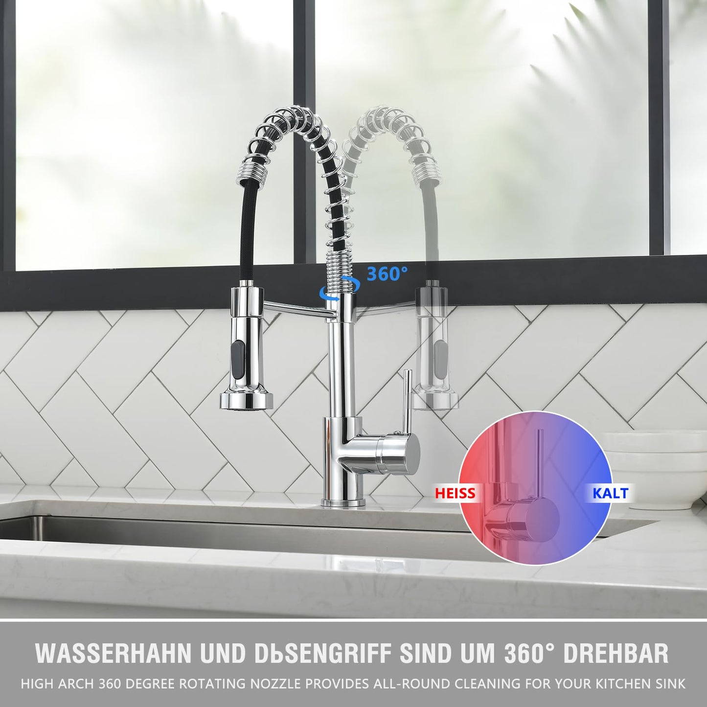 TIMACO kitchen faucet chrome with spiral spring, 360° swiveling sink faucets with two outlets - high pressure.