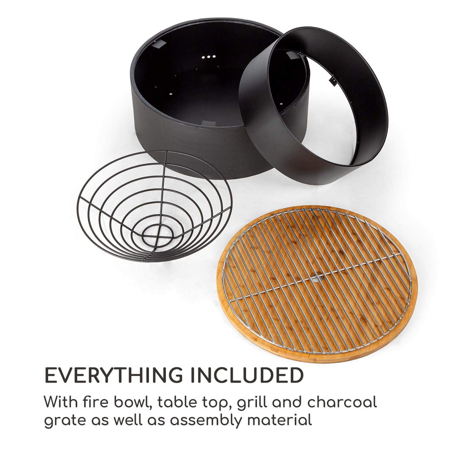 Blumfeldt Pompeii Fire Pit & Grill, Fire Tonne, chrome-plated grill grate, fire pit: Ø 60 cm, grill grate: Ø 56 cm, dimensions: 60 x 40 cm (ØxH), charcoal grid, with bamboo table top, black