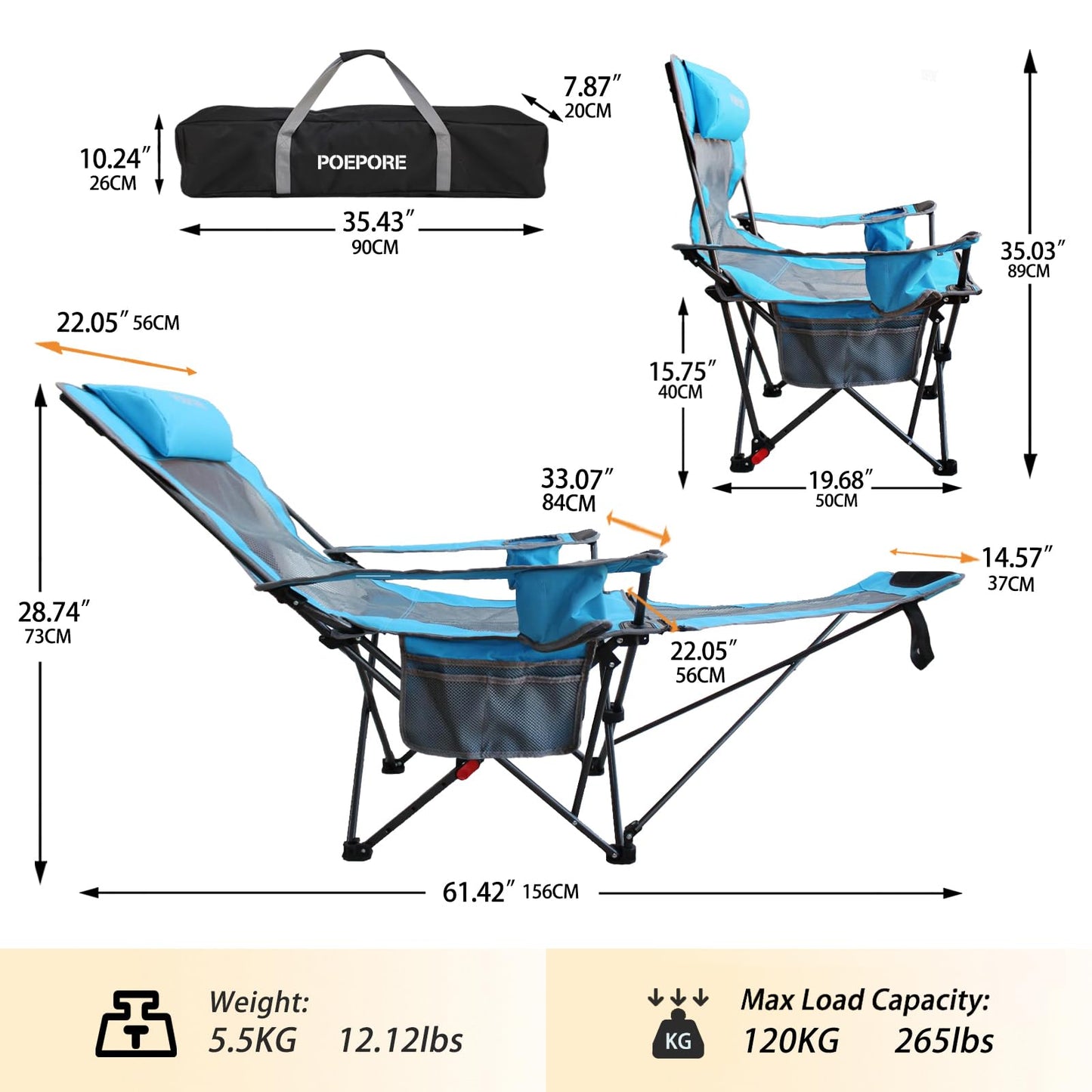 POEPORE camping chair with footrest 4-position adjustable beach chair recliner fishing chair adult camping chairs with cotton pad cushion drink holder armrest pockets Blue