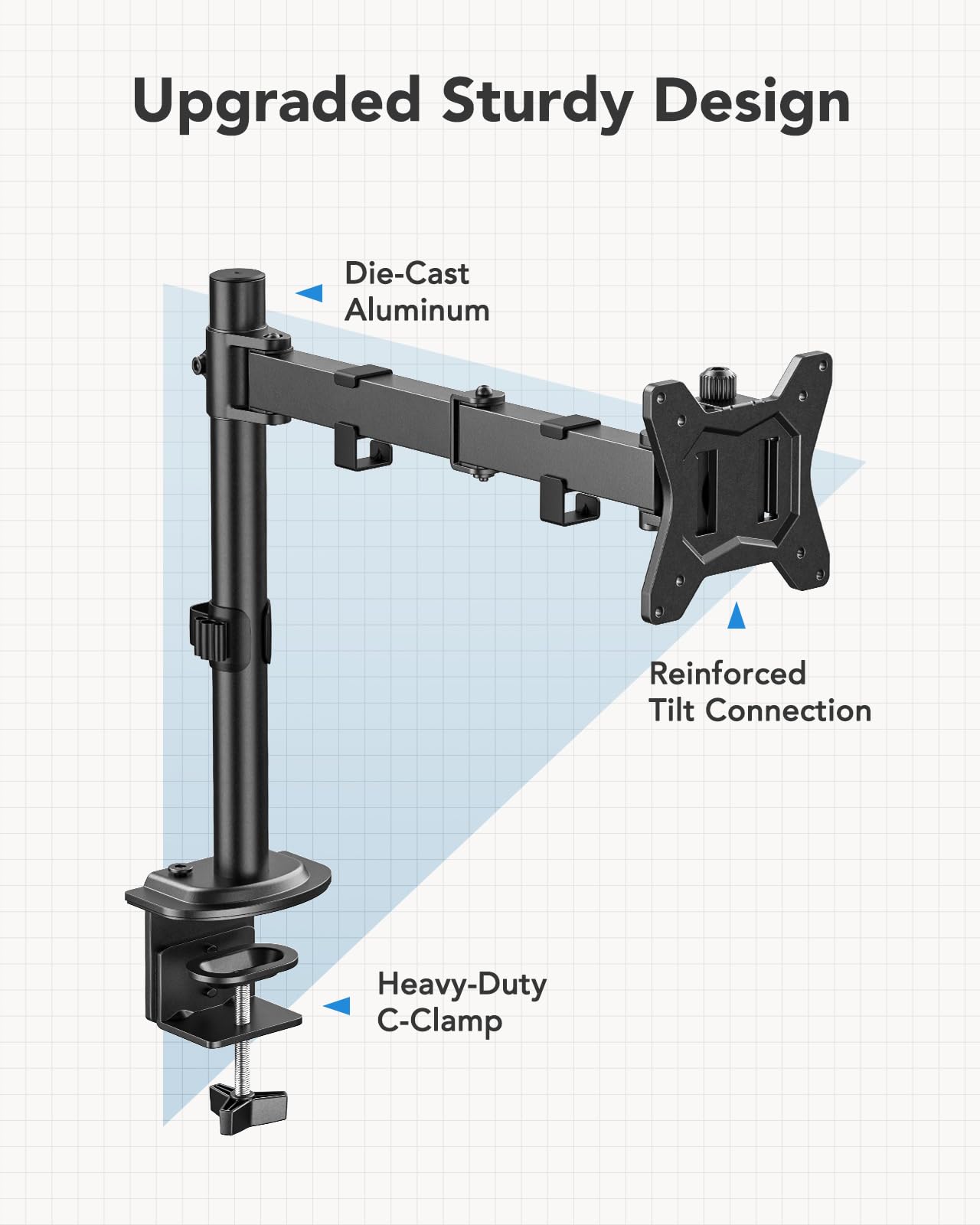 HUANUO monitor mount for 13-32 inch screens, monitor stand adjusts height, tilt, swivel, and rotate, 2 mounting options, VESA 75 & 100 mm.