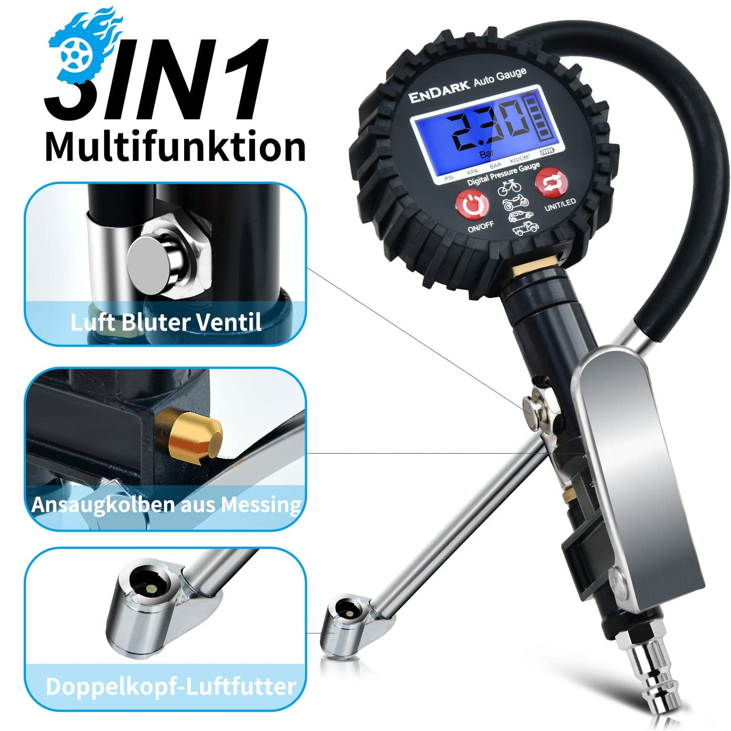 Digital tire inflator gauge air pressure tire pressure gauge - ENDARK air pressure gauge digital tire pressure meter & gauge 200 Psi tire pressure filling device for car, bicycle, truck, motorcycle