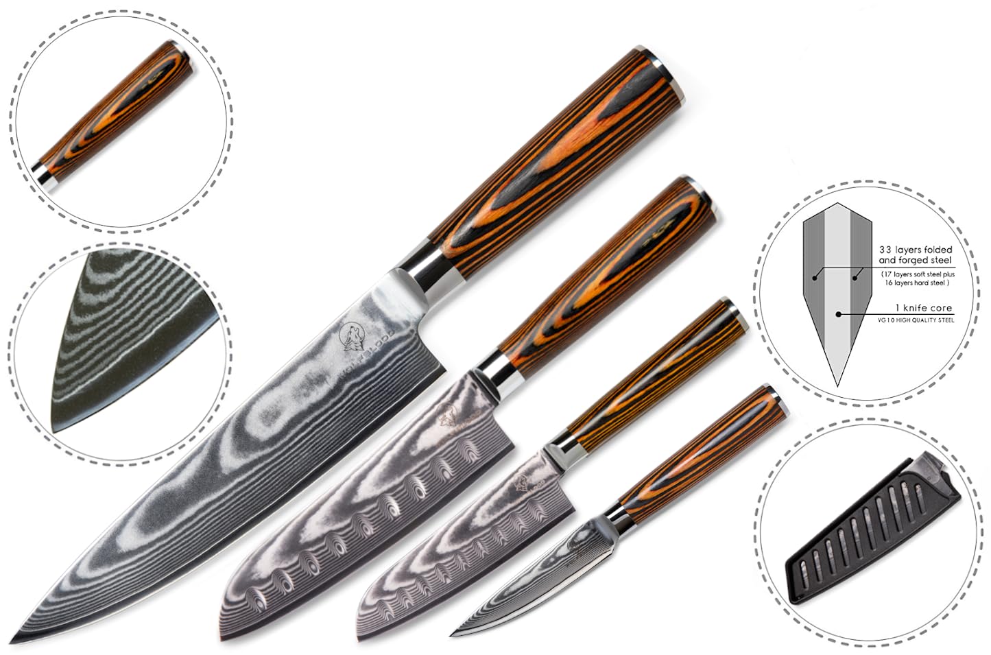 Wolfblood 4-piece damascus knife set (32, 30, 24, and 20 cm) Professional damascus kitchen knife set made of genuine 67 layers of damascus steel I Set includes chef's knife, santoku knife, blade guard, and gift box