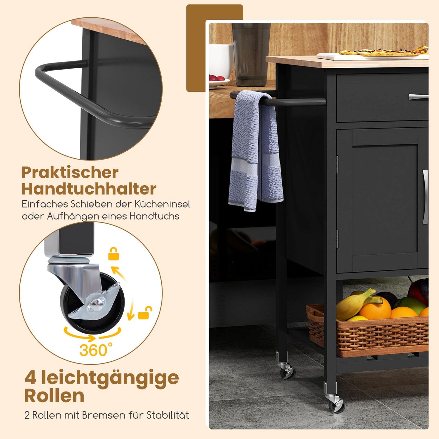 COSTWAY Kitchen Cart with Countertop, Serving Cart with Wheels, Rolling Cart with Drawer & 2-door Cabinet & Bottom Tray & Towel Holder, Kitchen Island for Kitchen, Dining Room, and Bar (Black)