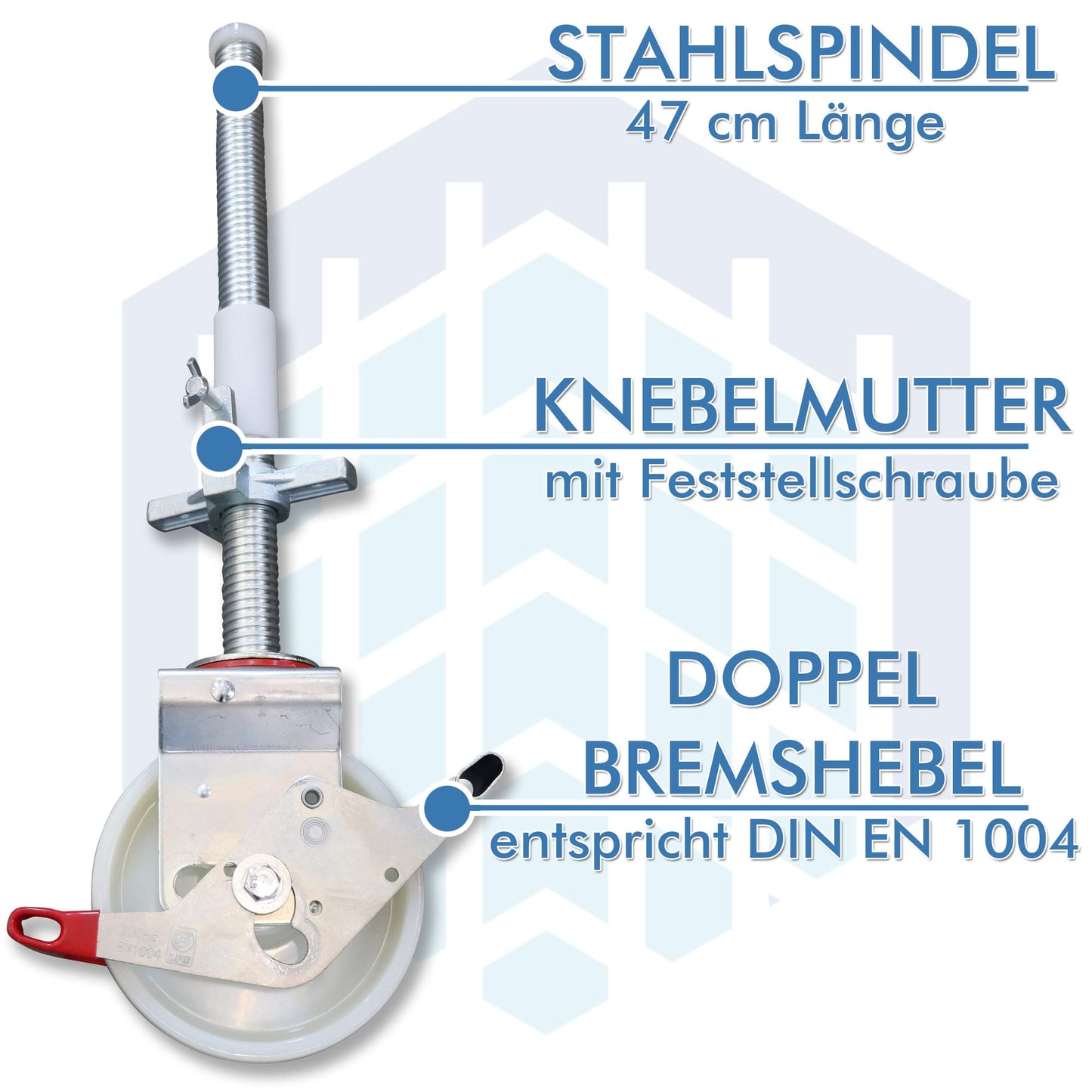 AC Climbing Technology Scaffold Casters 200 mm with steel spindle, double brakes, vertically standing, set of 4 pieces, suitable for various manufacturers