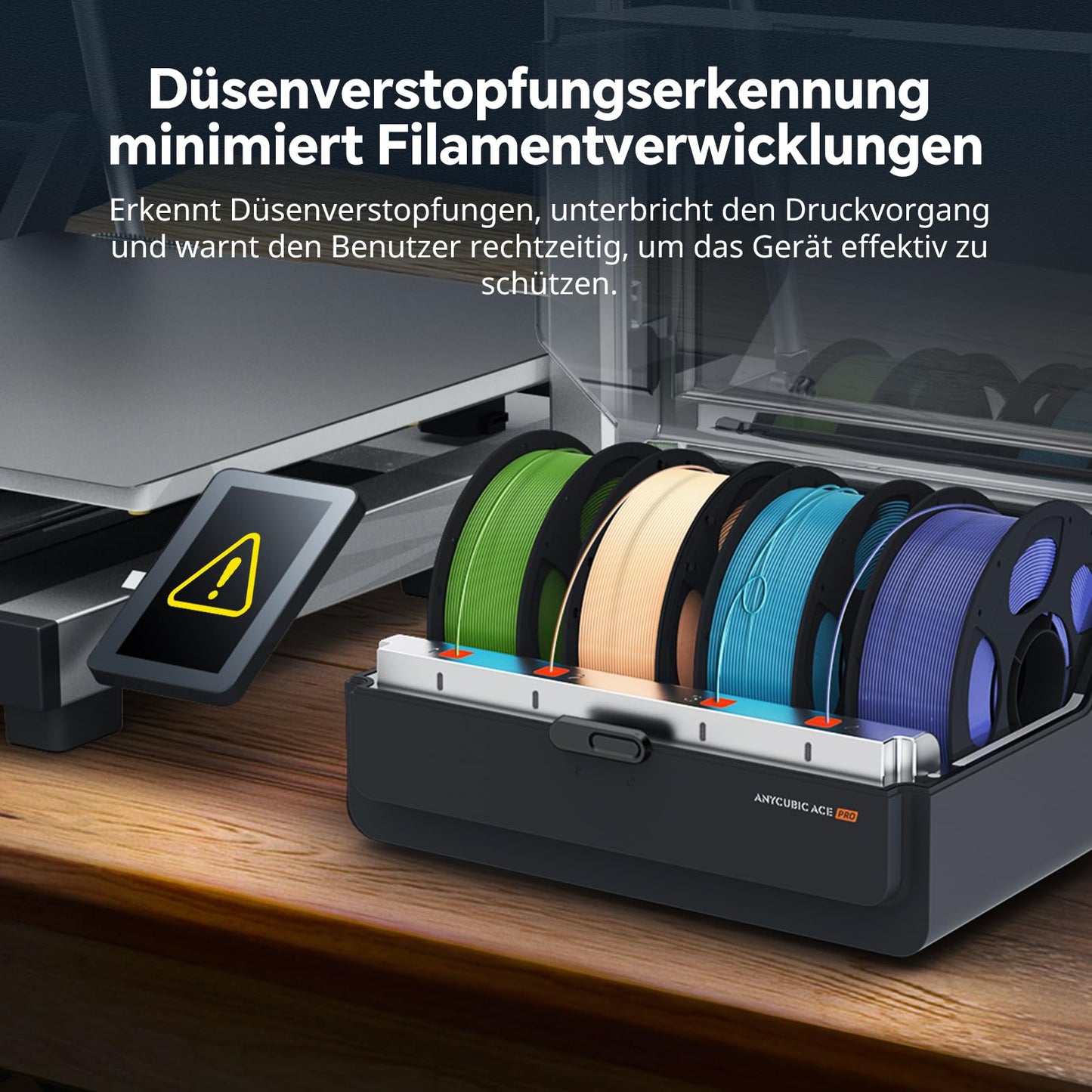 Anycubic Color Engine Pro for Kobra 3 Max series, filament drying with moisture presetting, nozzle clog detection, Intelligent ACE Pro for easier filament management.