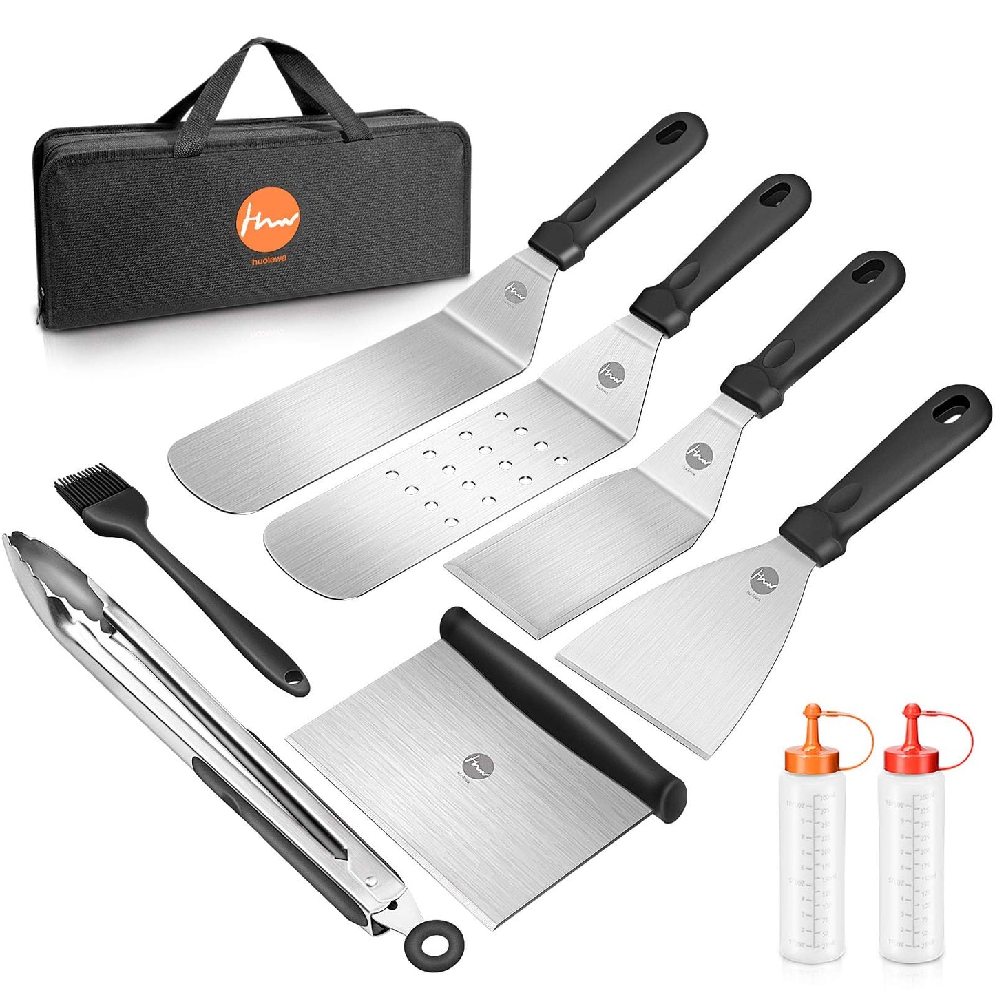 Careful Grill Spatula Set, Stainless Steel 9 Pcs Flat-Top Grill Tool Set, Professional BBQ Accessories Grill Turner with Brushes Bottles and Carry Bag, Ideal for Outdoor Grilling, Teppanyaki, and Camping