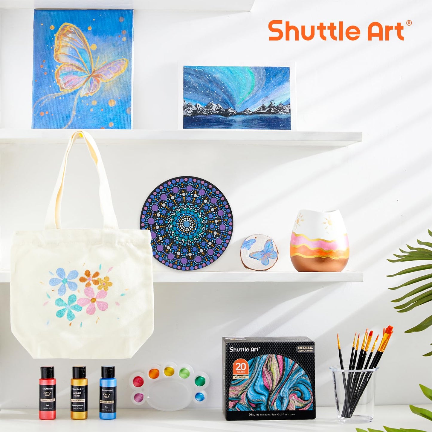 Shuttle Art Metallic Acrylic Paint Set, 20x60ml Metallic Acrylic Paint +10 Brush Set +1 Palette, Acrylic Paint Set for Kids, Adults for Crafting, Painting, Dotting on Canvas, Wood, Stone, Halloween.